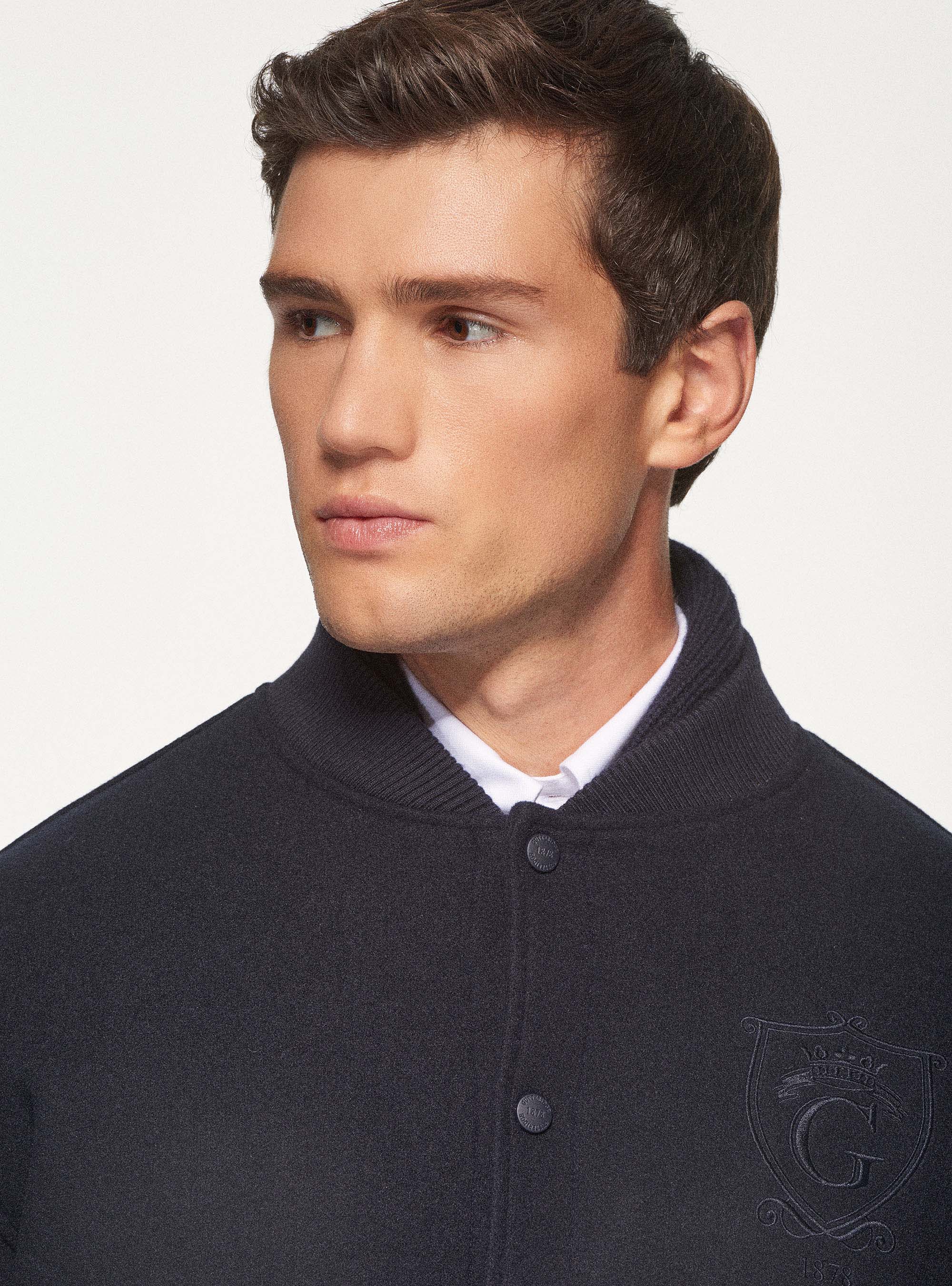 Bomber in panno con ricamo in tinta, BLU NAVY
