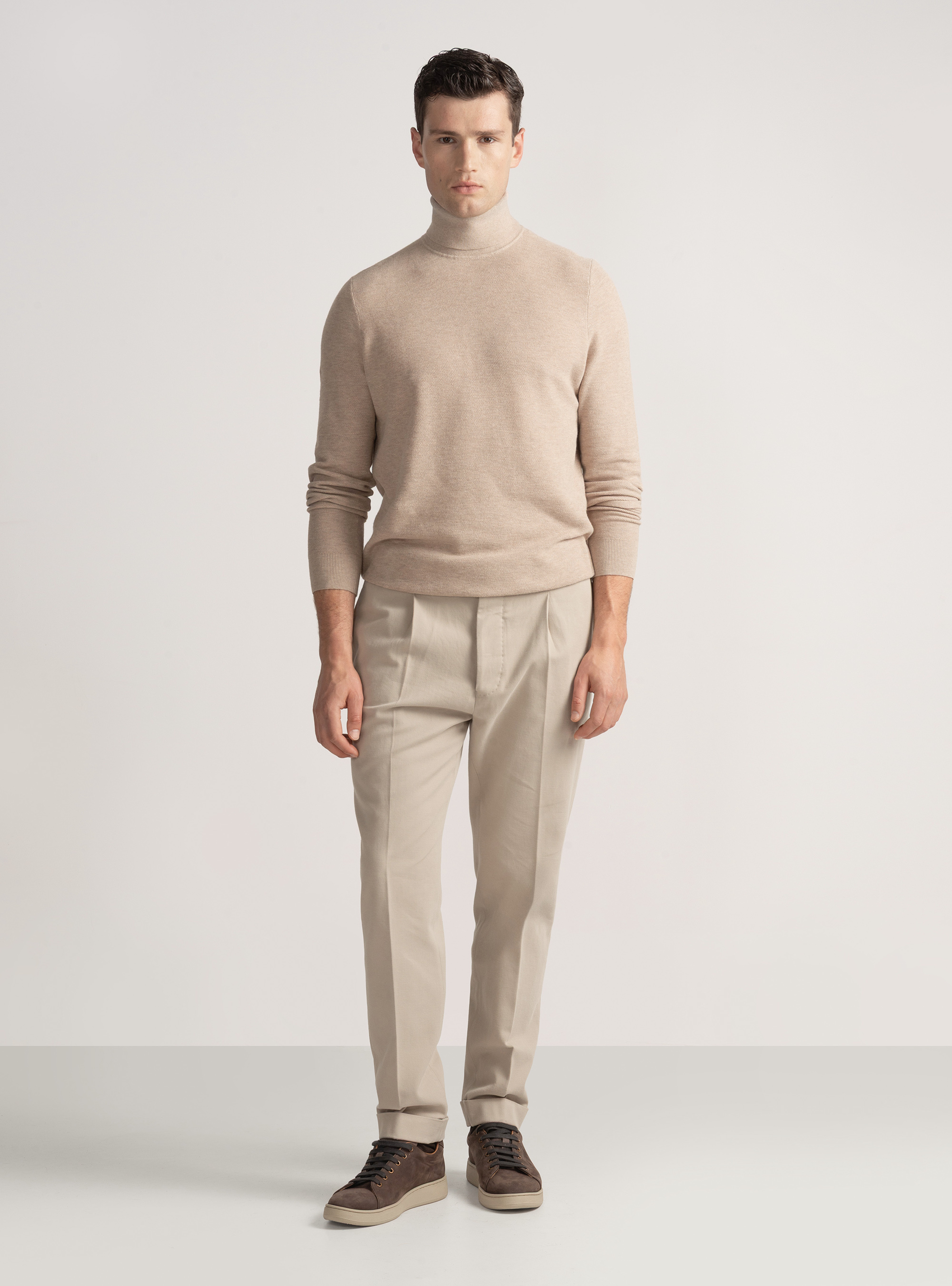 Pantalón de pinzas de sarga de algodón y cachemira, CRUDO