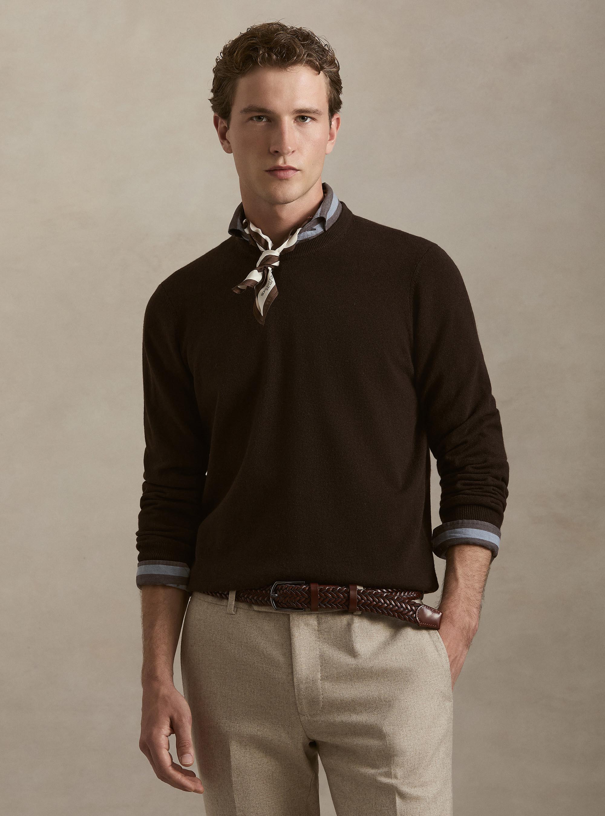 Maglia girocollo in 100% cashmere, MARRONE