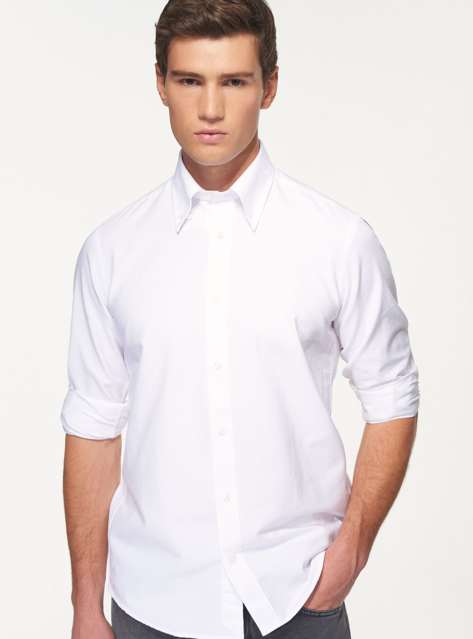 Camicia collo button down in cotone oxford lavato, BIANCO