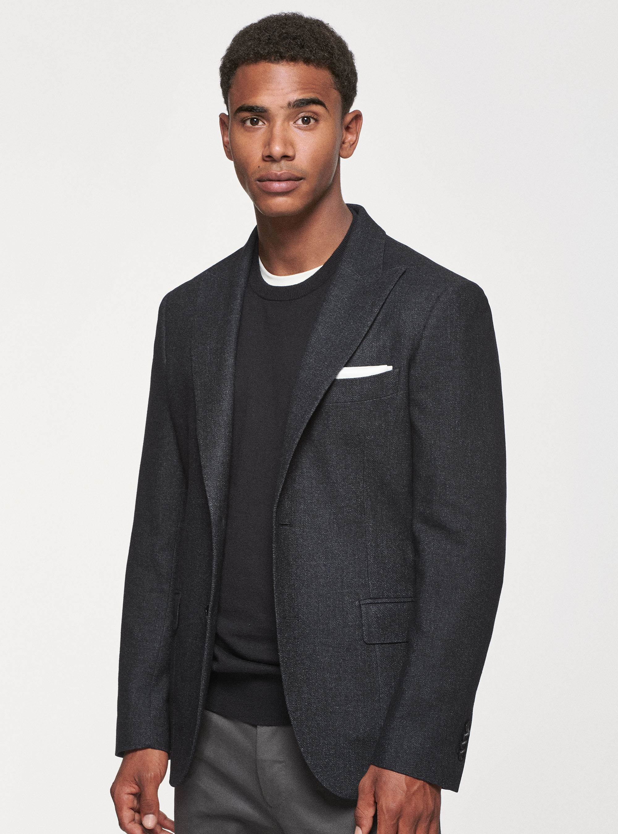 Giacca in flanella di lana Duemilagori con revers a lancia, NERO