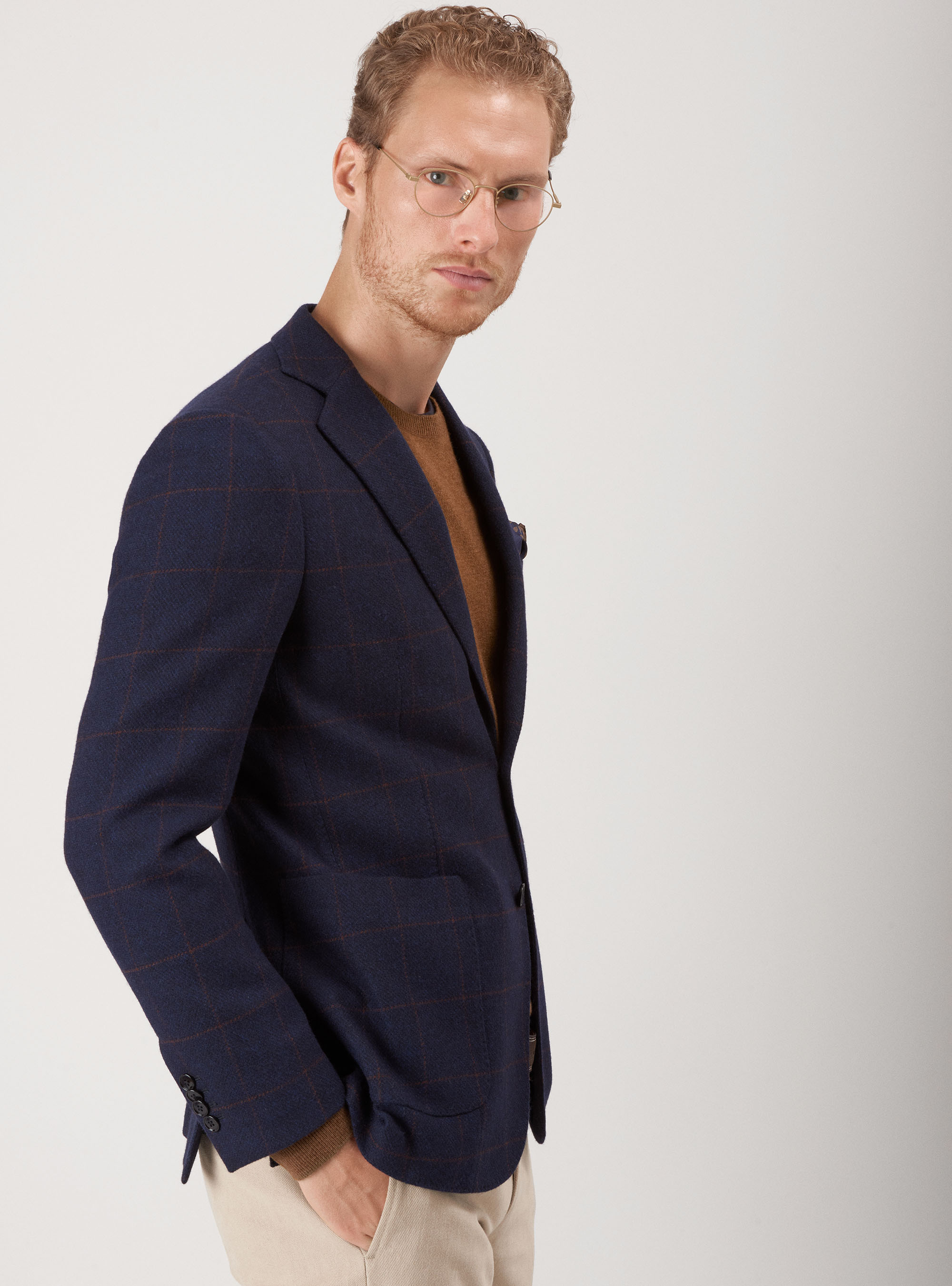 Checked jacket in lambswool and cashmere, NAVY BLUE