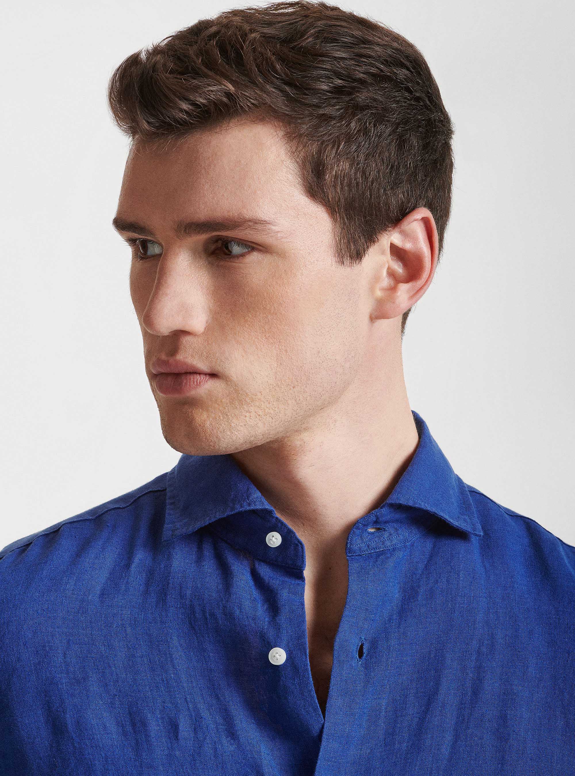 Camicia collo semi francese in puro lino, BLU