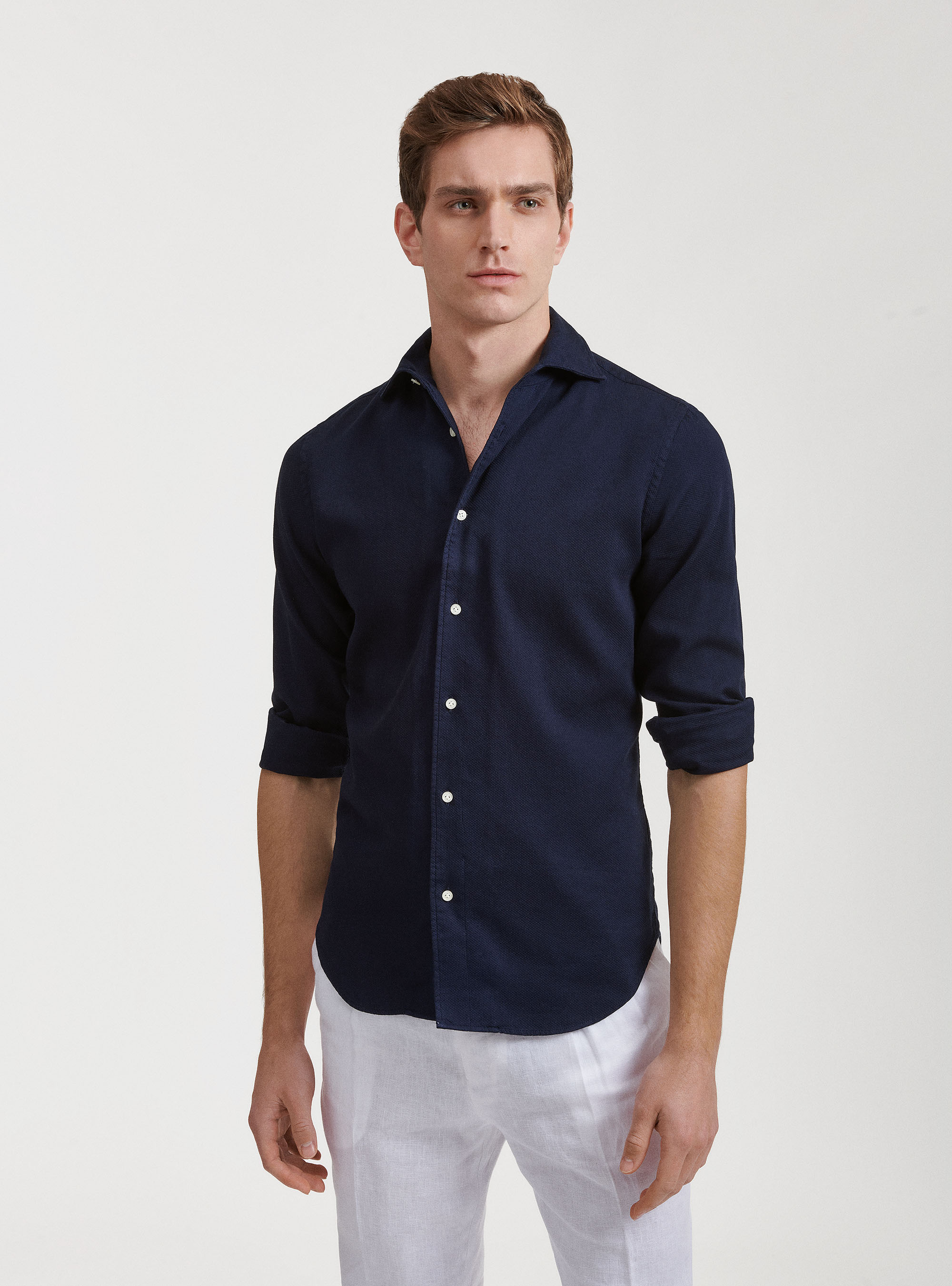 Camicia collo semi francese in cotone tinto in capo, BLU NAVY