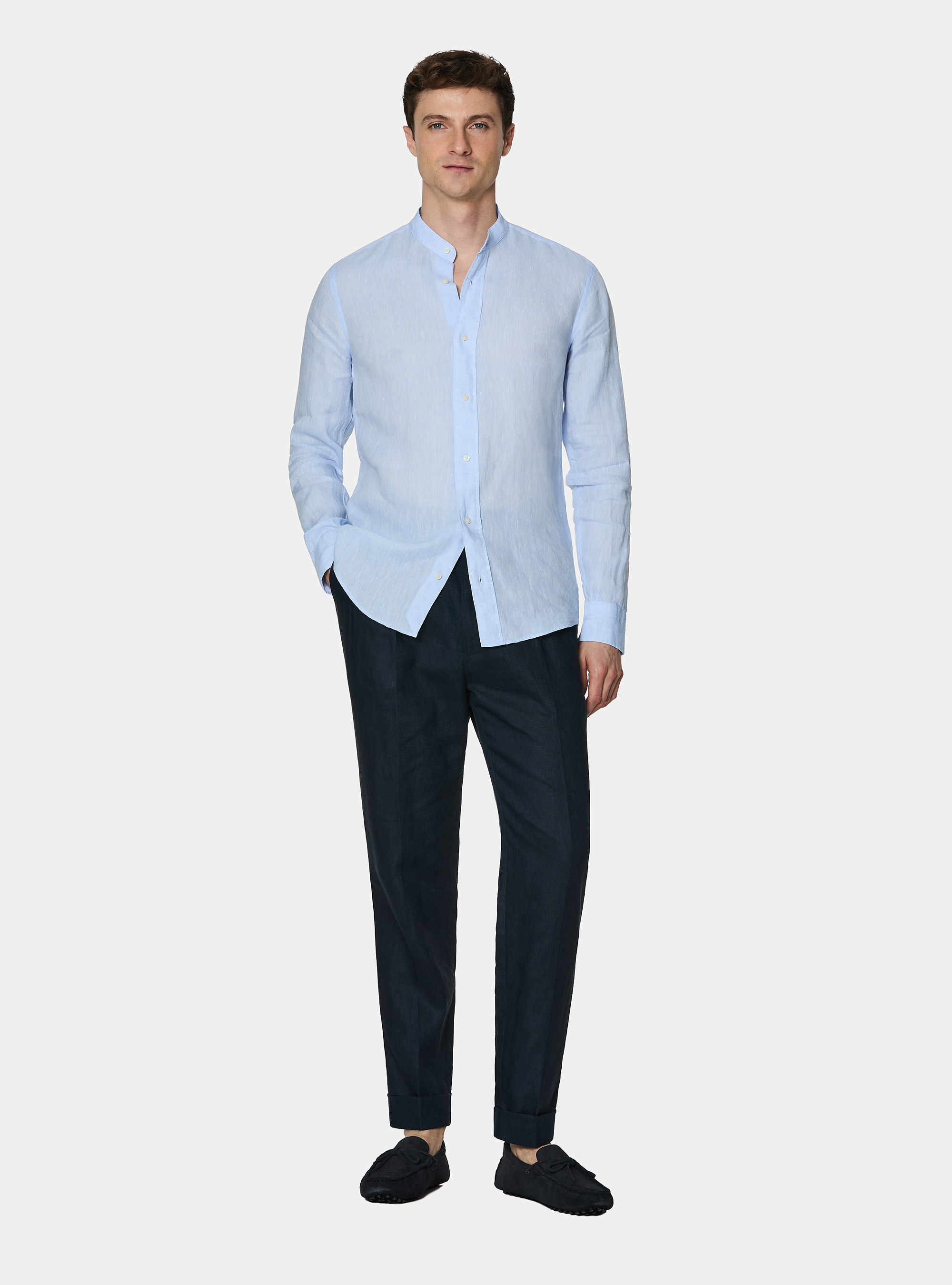 Camicia coreana in puro lino, AZZURRO