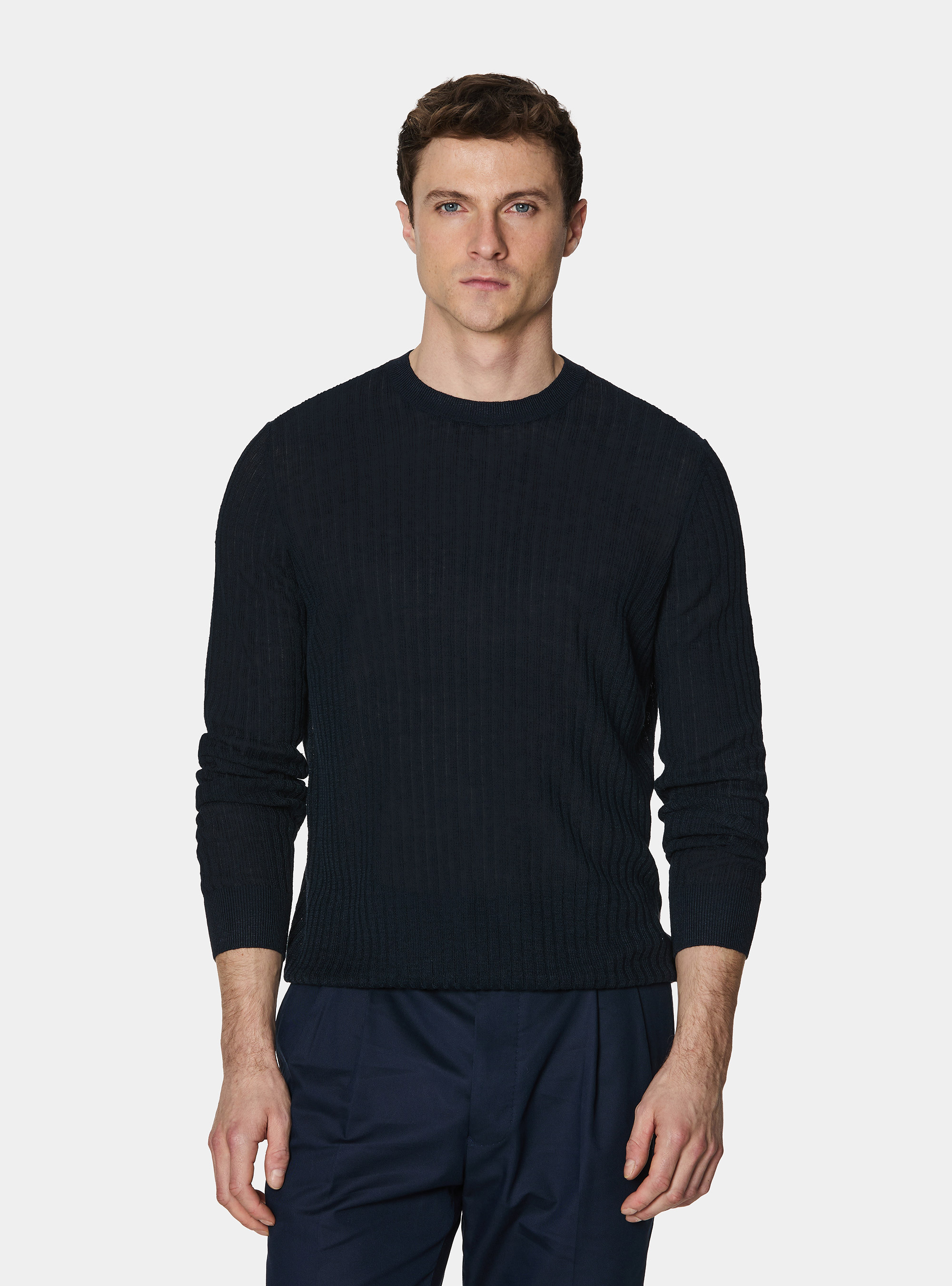 Maglia girocollo a costine in puro lino, BLU NAVY