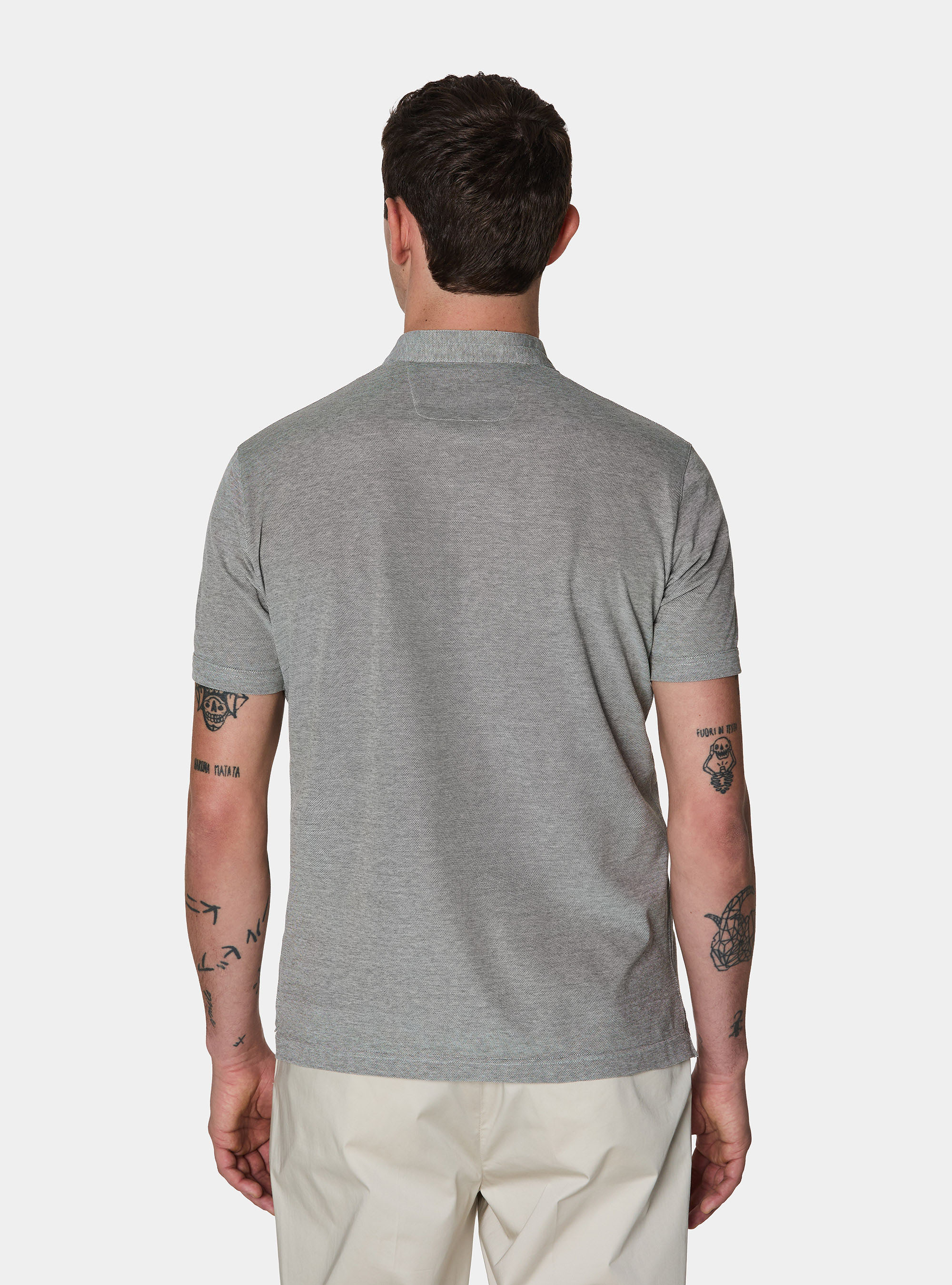 Polo shirt with Korean collar in stretch cotton blend, VERDE SALVIA 0604C