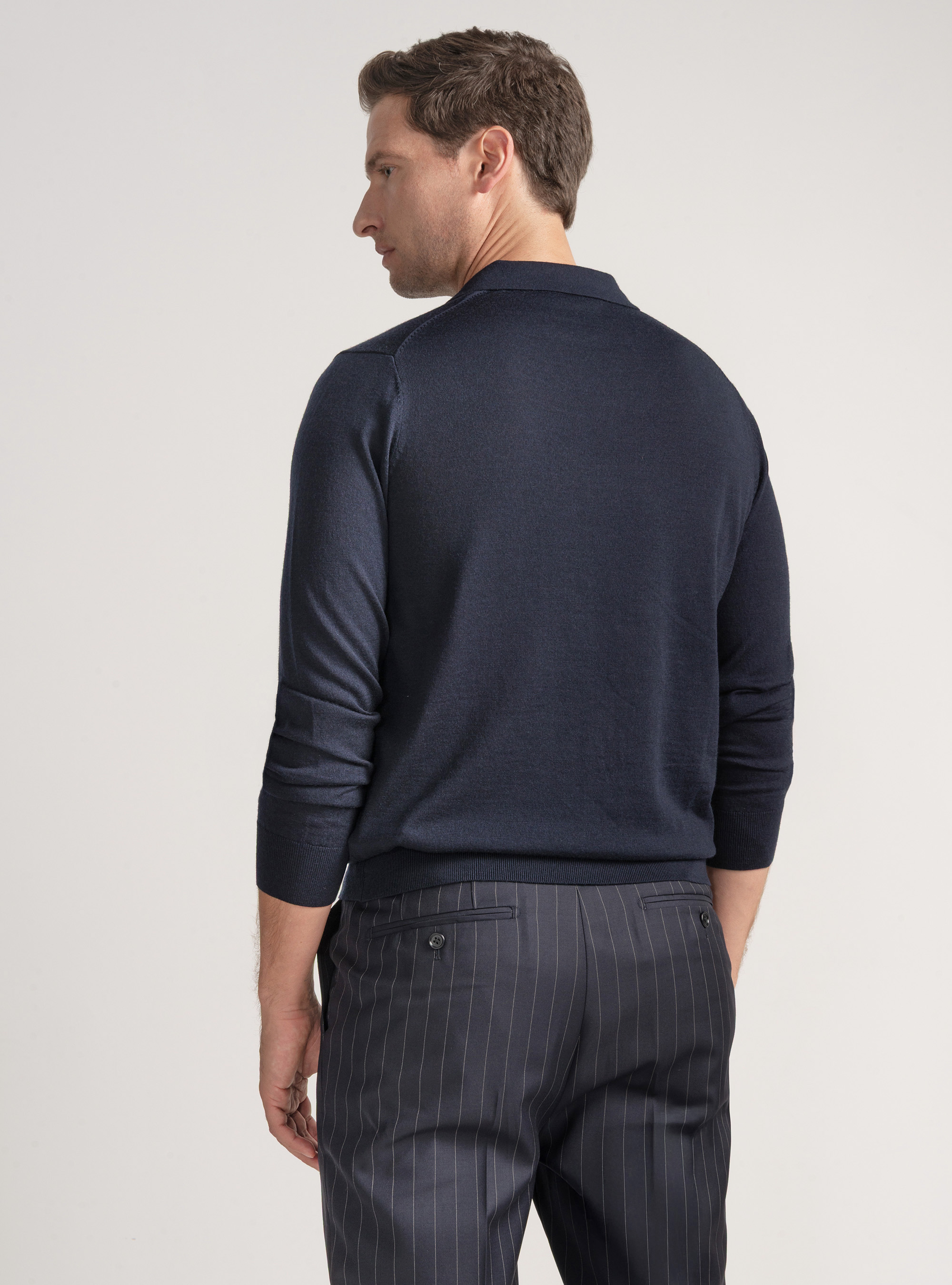Merino wool buttonless knit polo shirt, NAVY BLUE