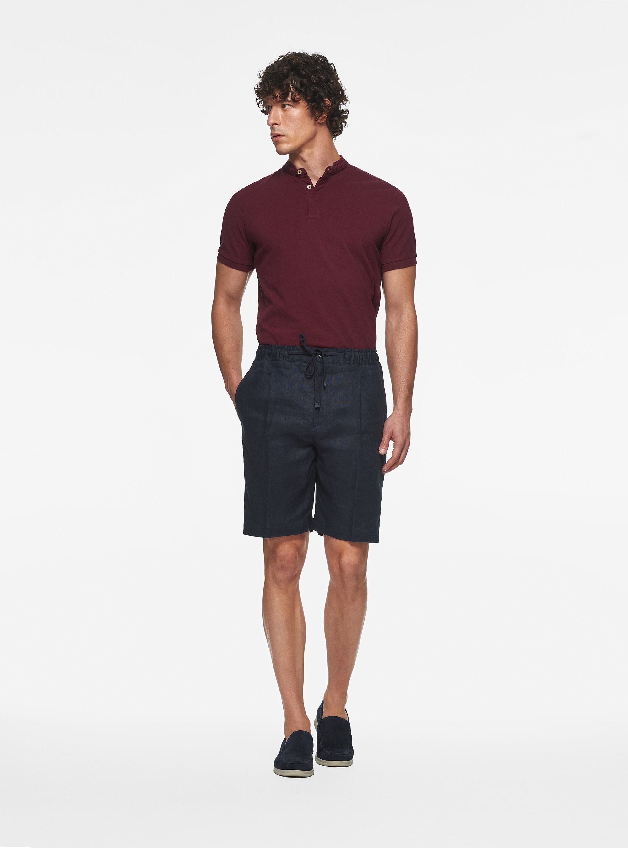 Bermudas de lino con el&aacute;stico y cord&oacute;n, AZUL MARINO