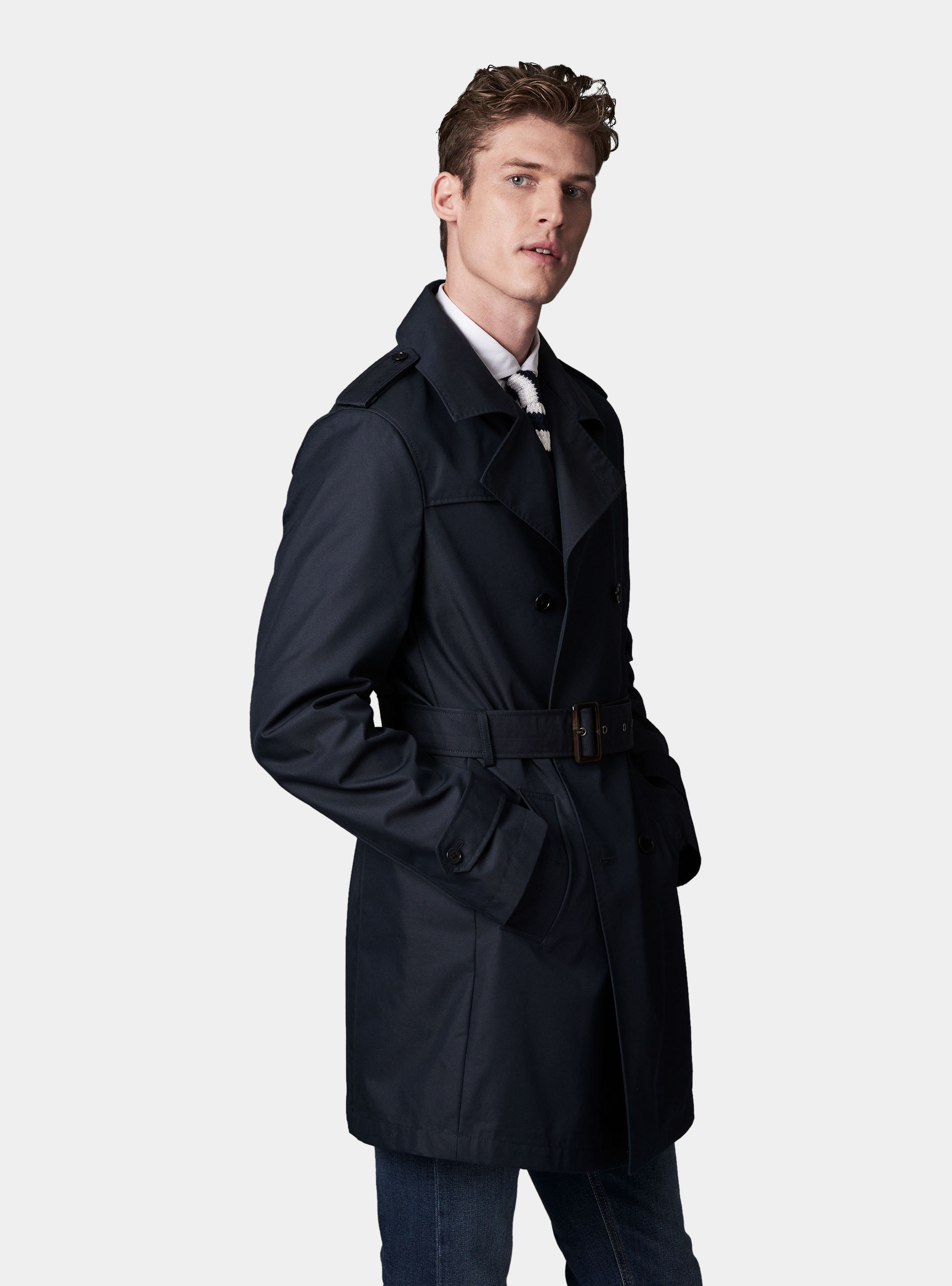 Trench blend technical cotton double-breasted, NAVY BLUE