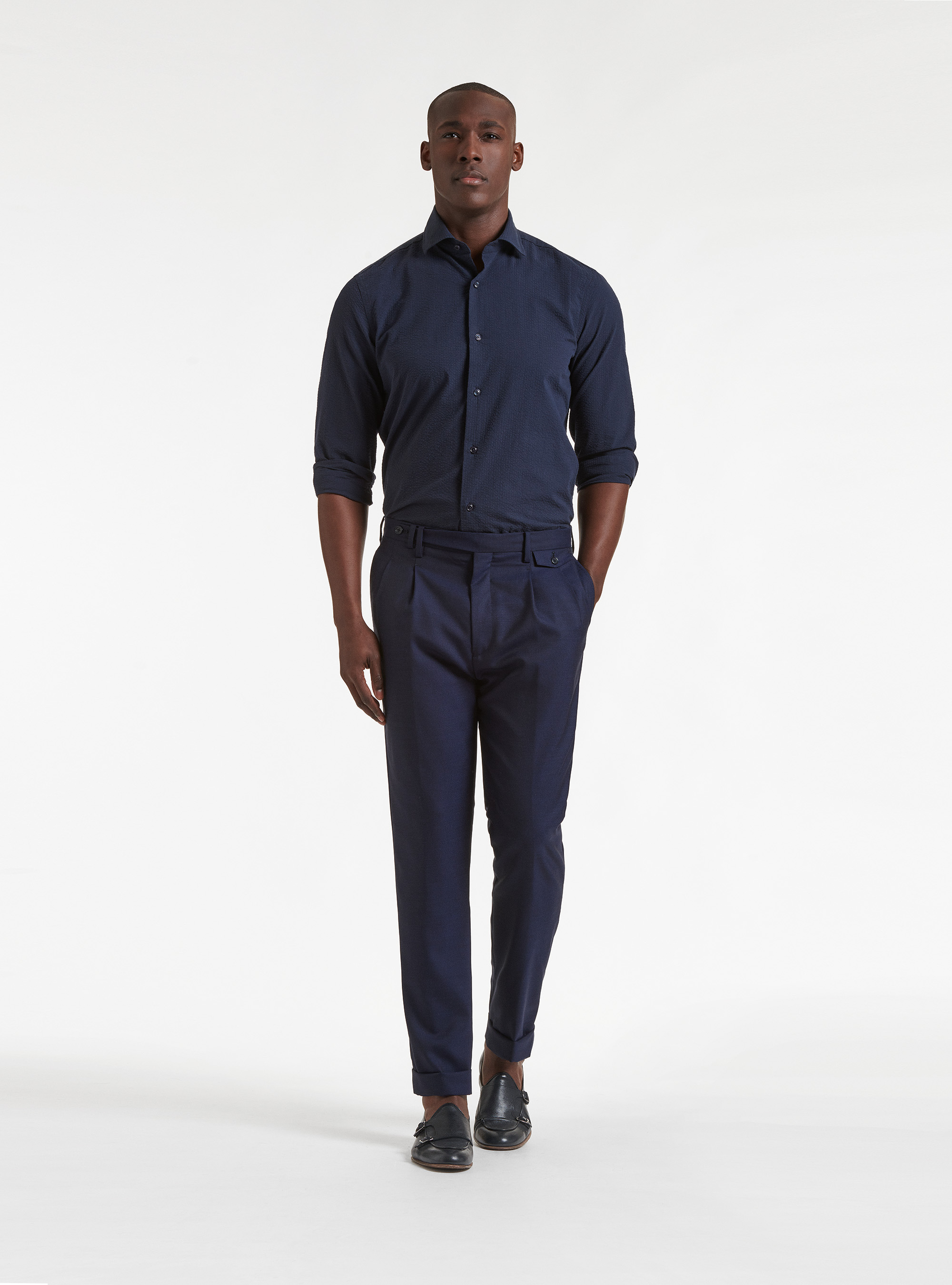 Camicia collo semi francese in cotone seersucker, BLU NAVY
