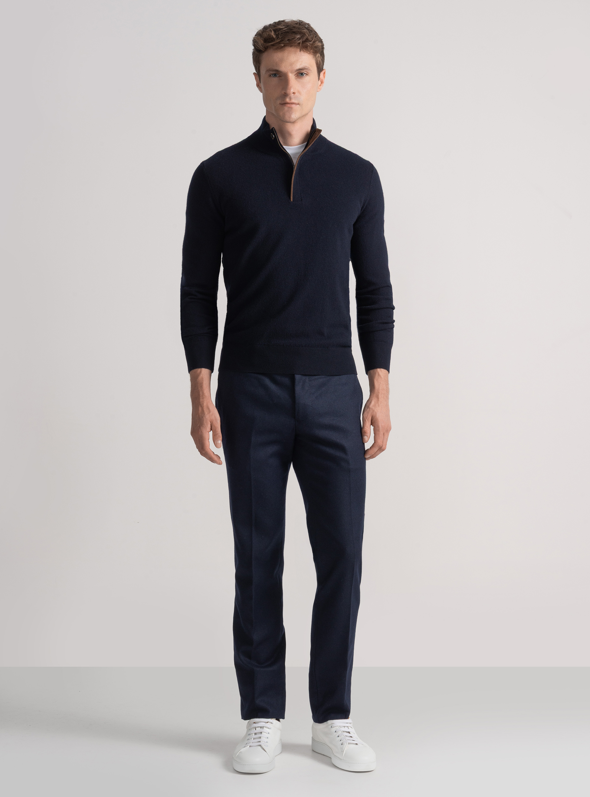 Maglia mezza zip in lana lambswool e cashmere, BLU NAVY