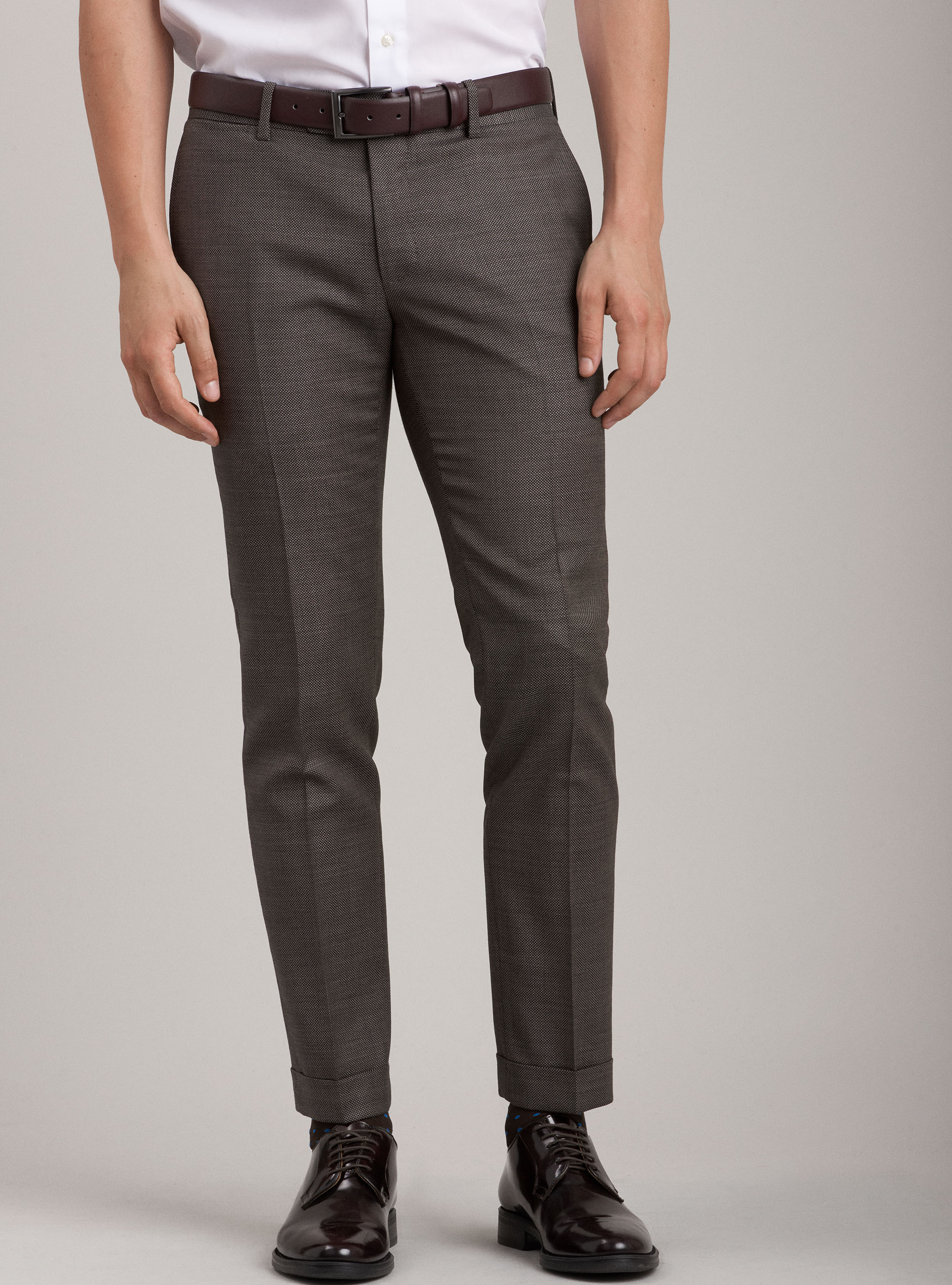 Pantaloni per abito occhio di pernice in pura lana, MARRONE