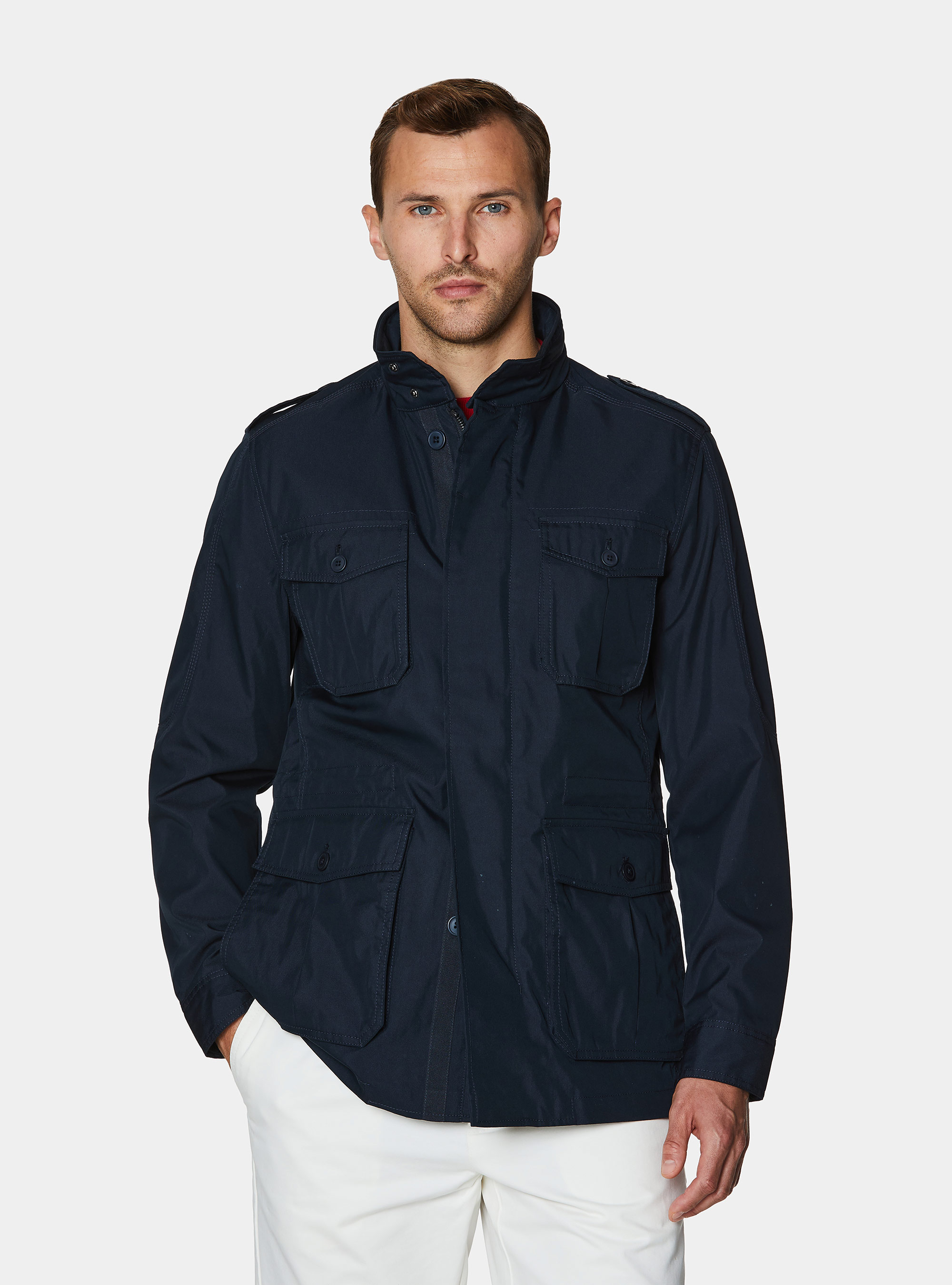 Field jacket in twill de algod&oacute;n y lino, AZUL MARINO