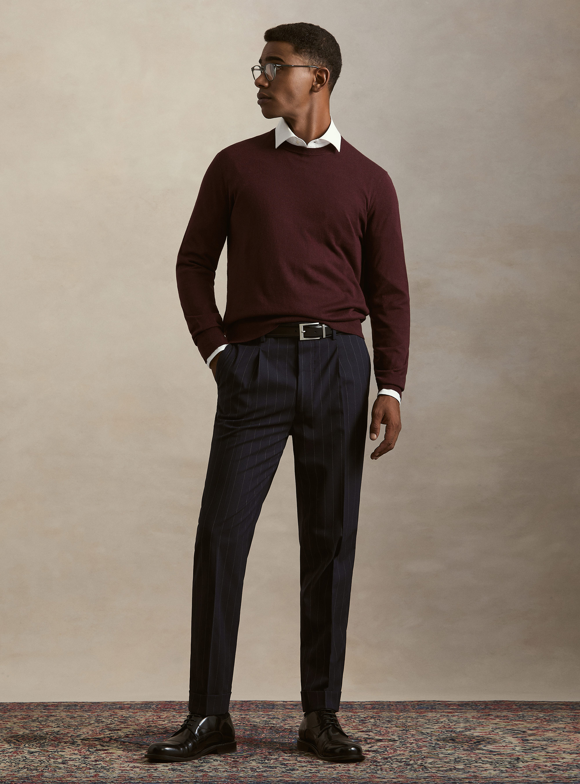 Maglia girocollo in cotone seta e cashmere, BORDEAUX