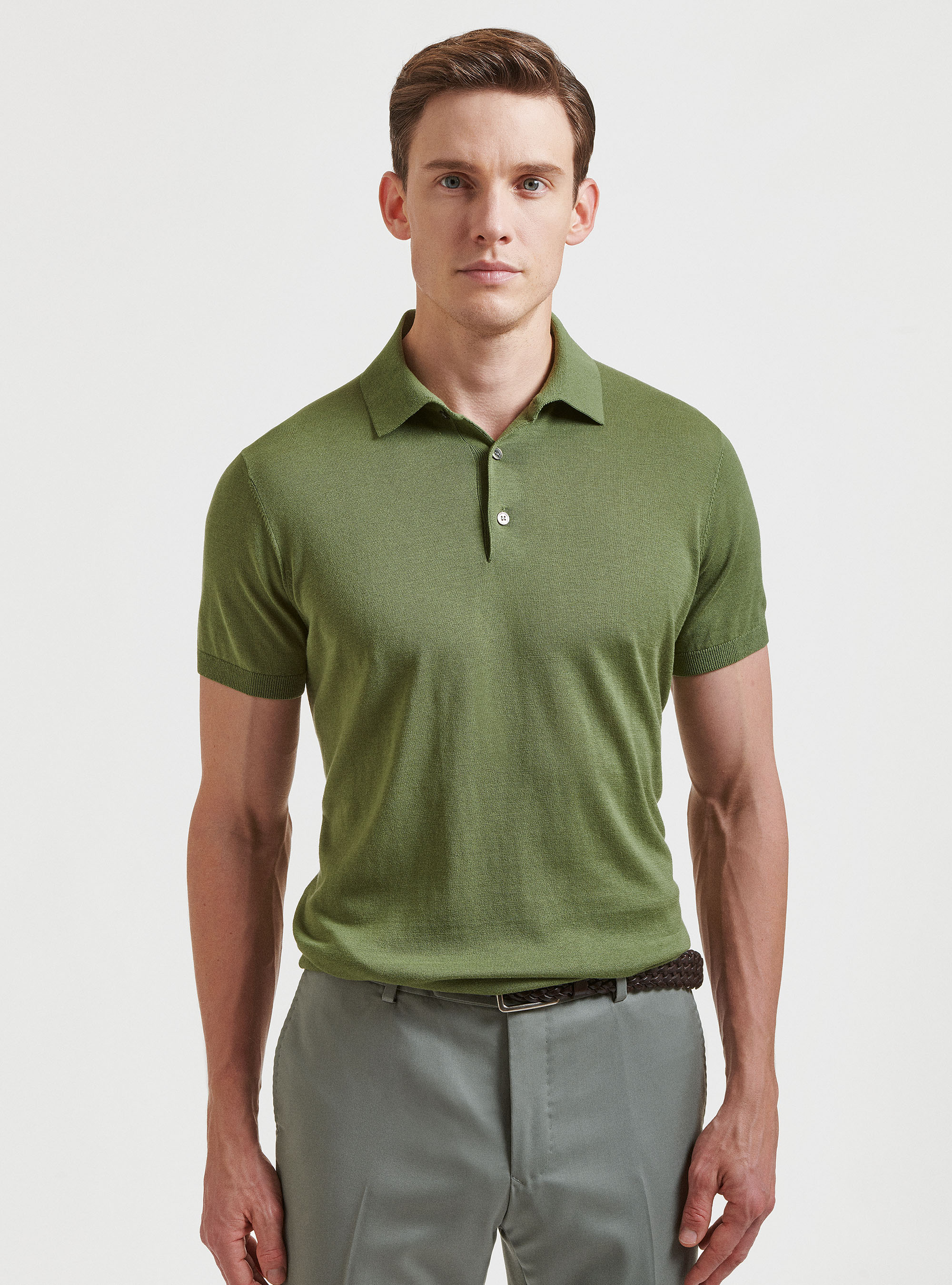 Polo en coton et soie, OLIVE
