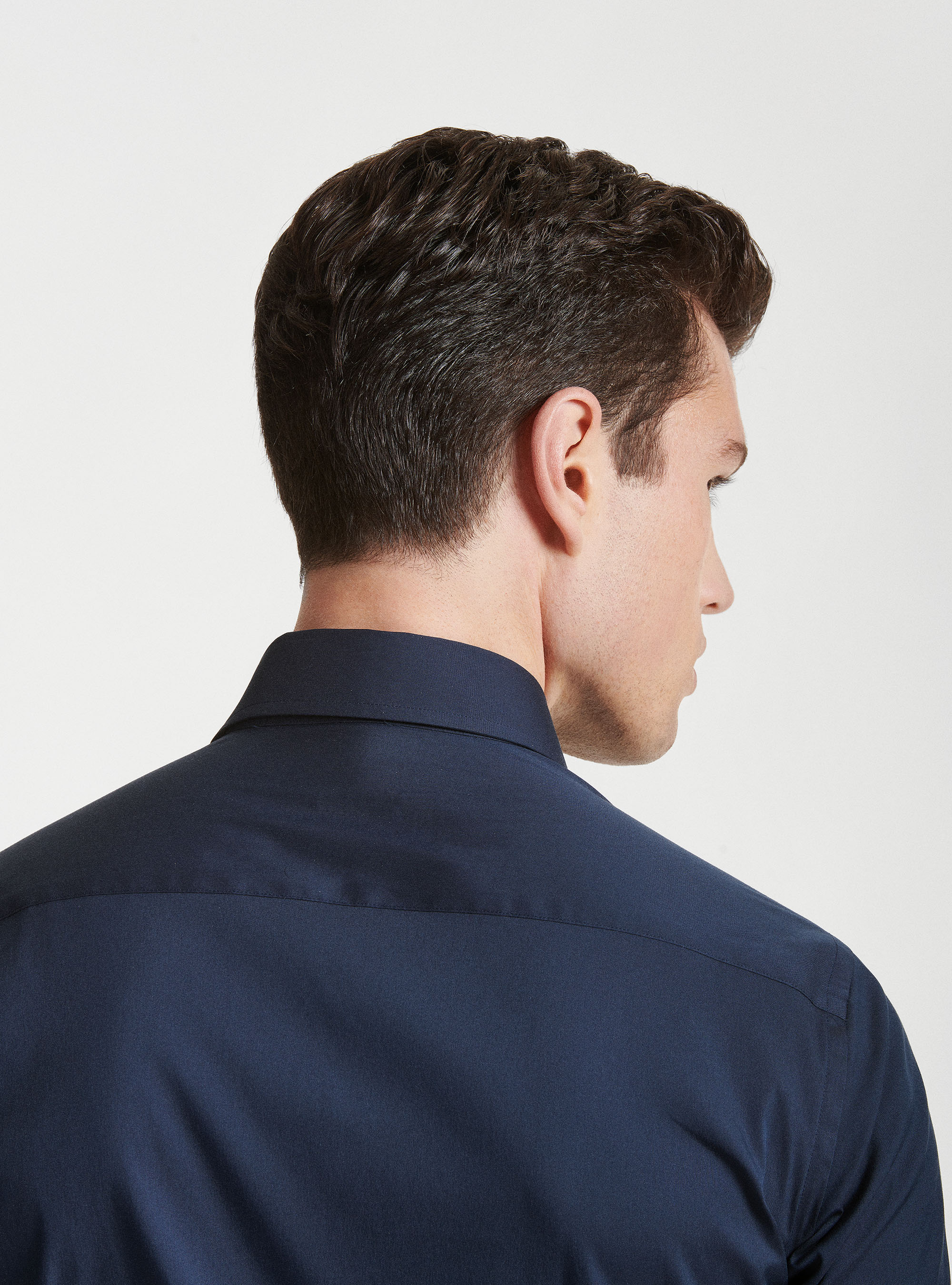 Camicia collo semi francese in popeline stretch, BLU NAVY
