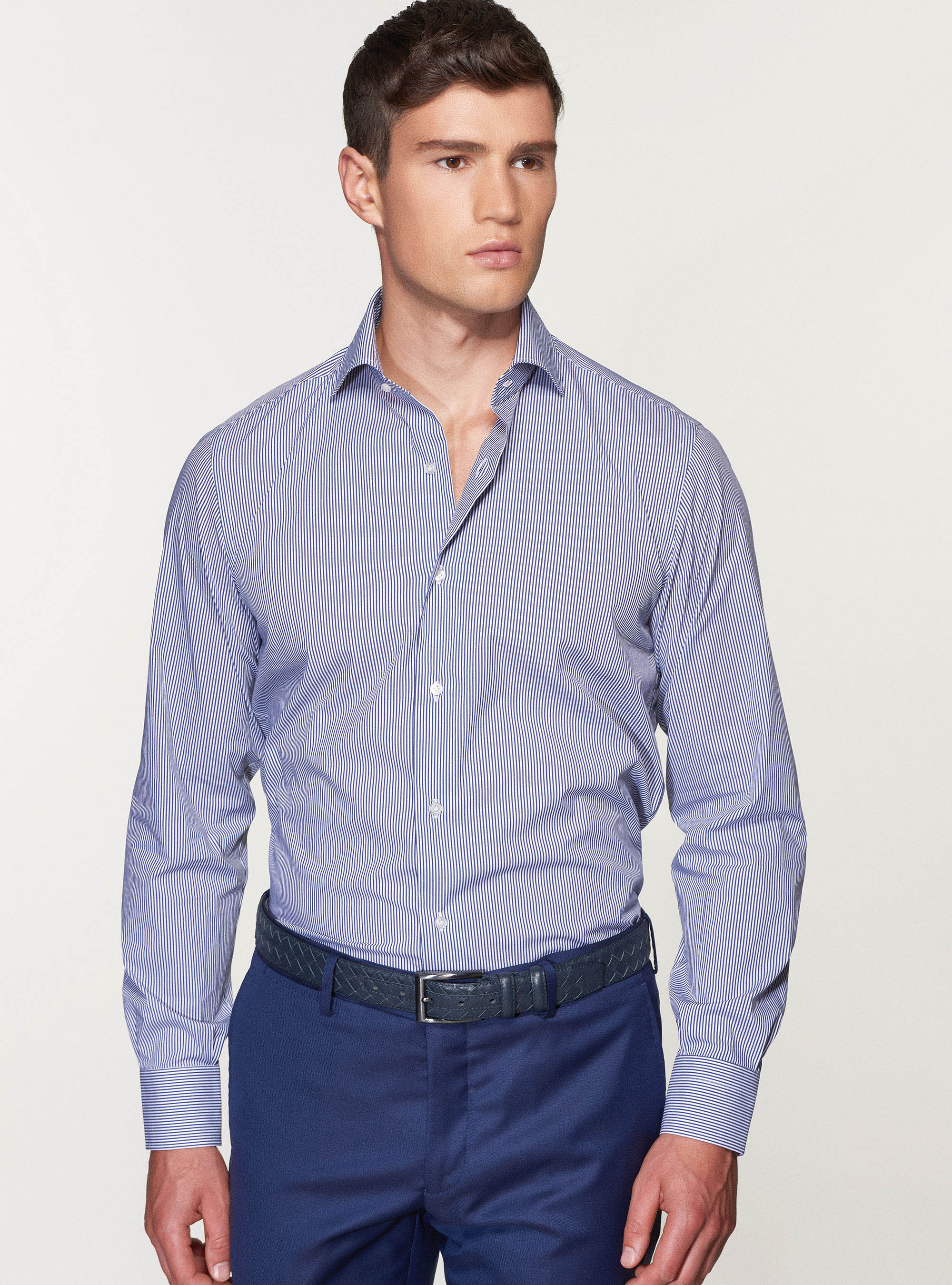 Camicia slim fit in popeline di cotone stretch rigato, BLU NAVY