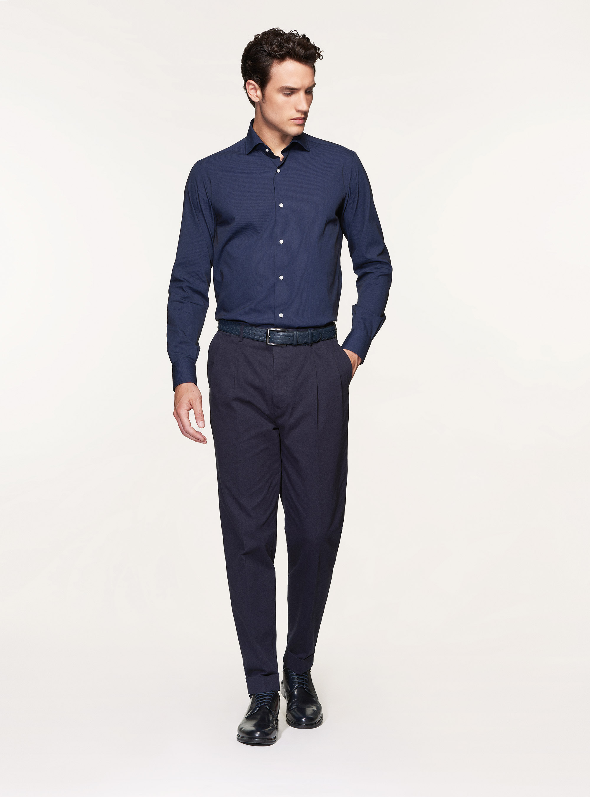 Camicia slim fit in piquest di cotone stretch, BLU NAVY