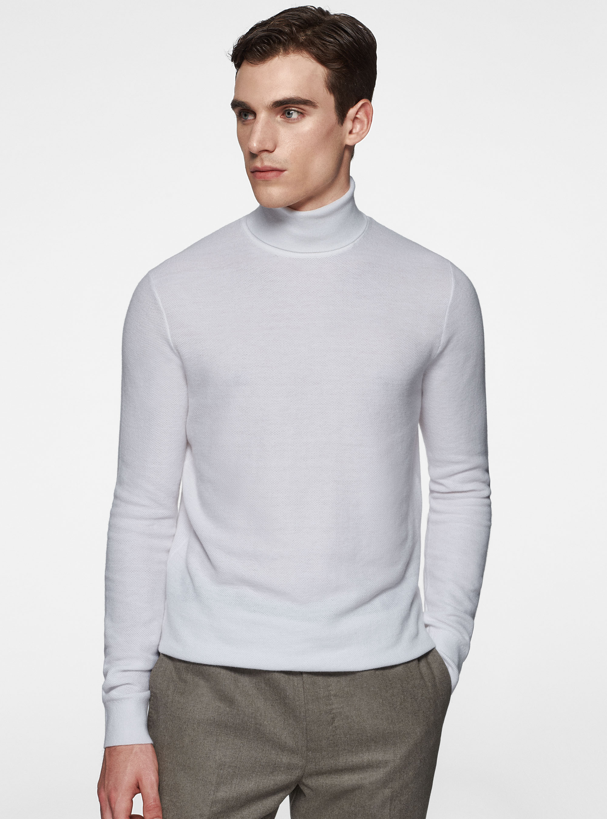 Cotton cashmere honeycomb turtleneck, WHITE