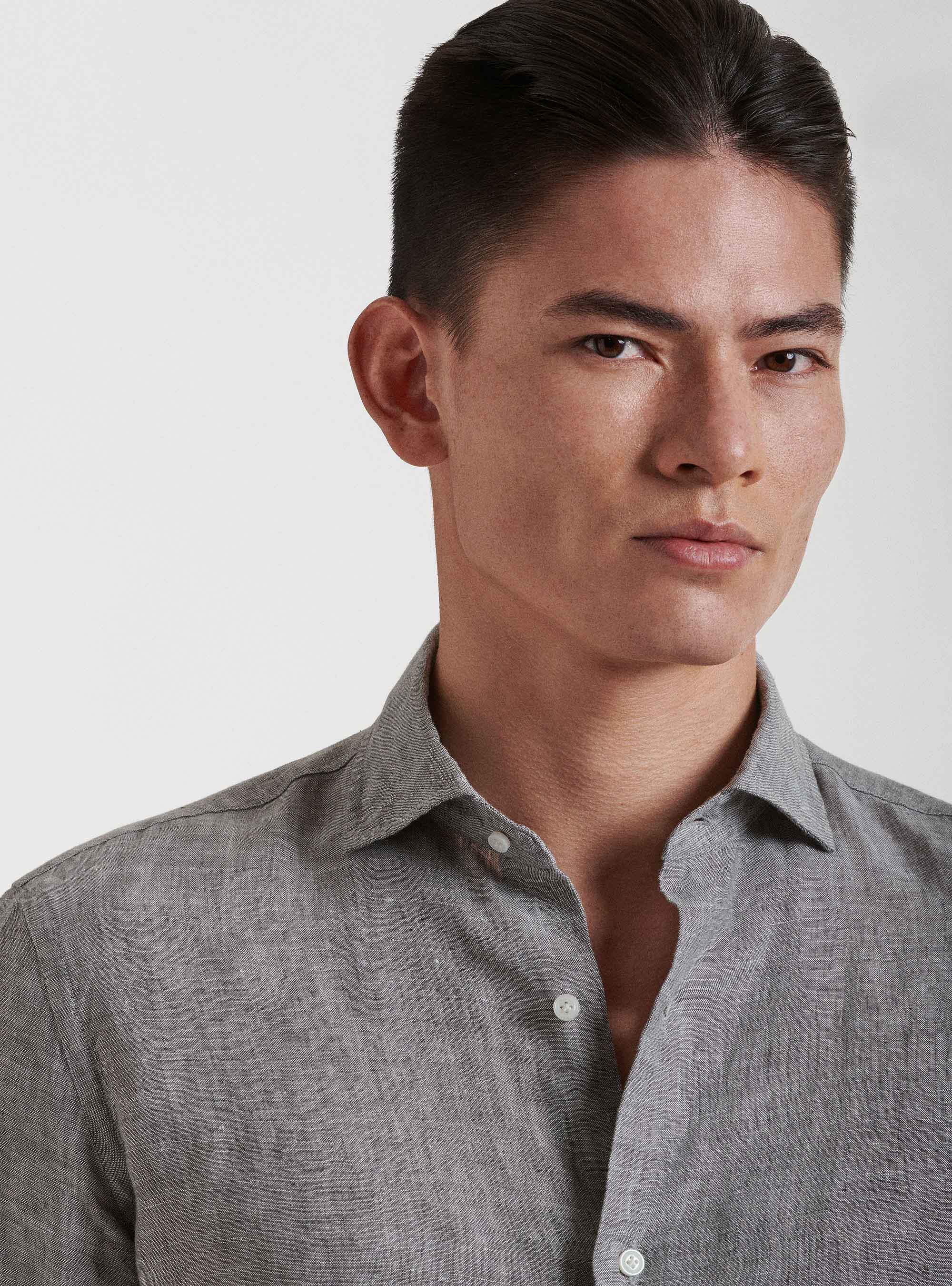 Hemd mit franz&ouml;sischem Kragen aus reinem Leinen, GRIGIO CHIARO MEL 0150C