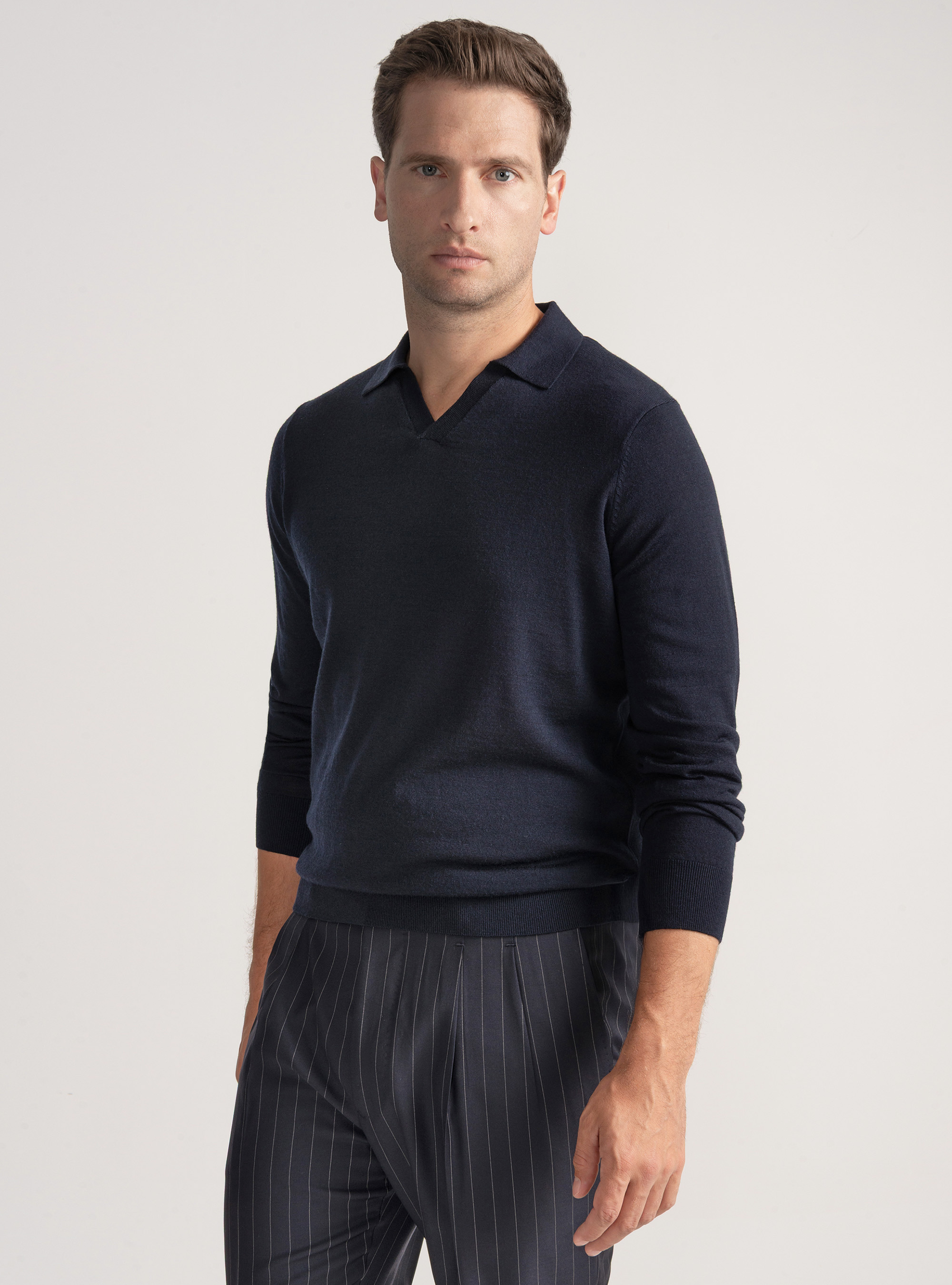 Merino wool buttonless knit polo shirt, NAVY BLUE