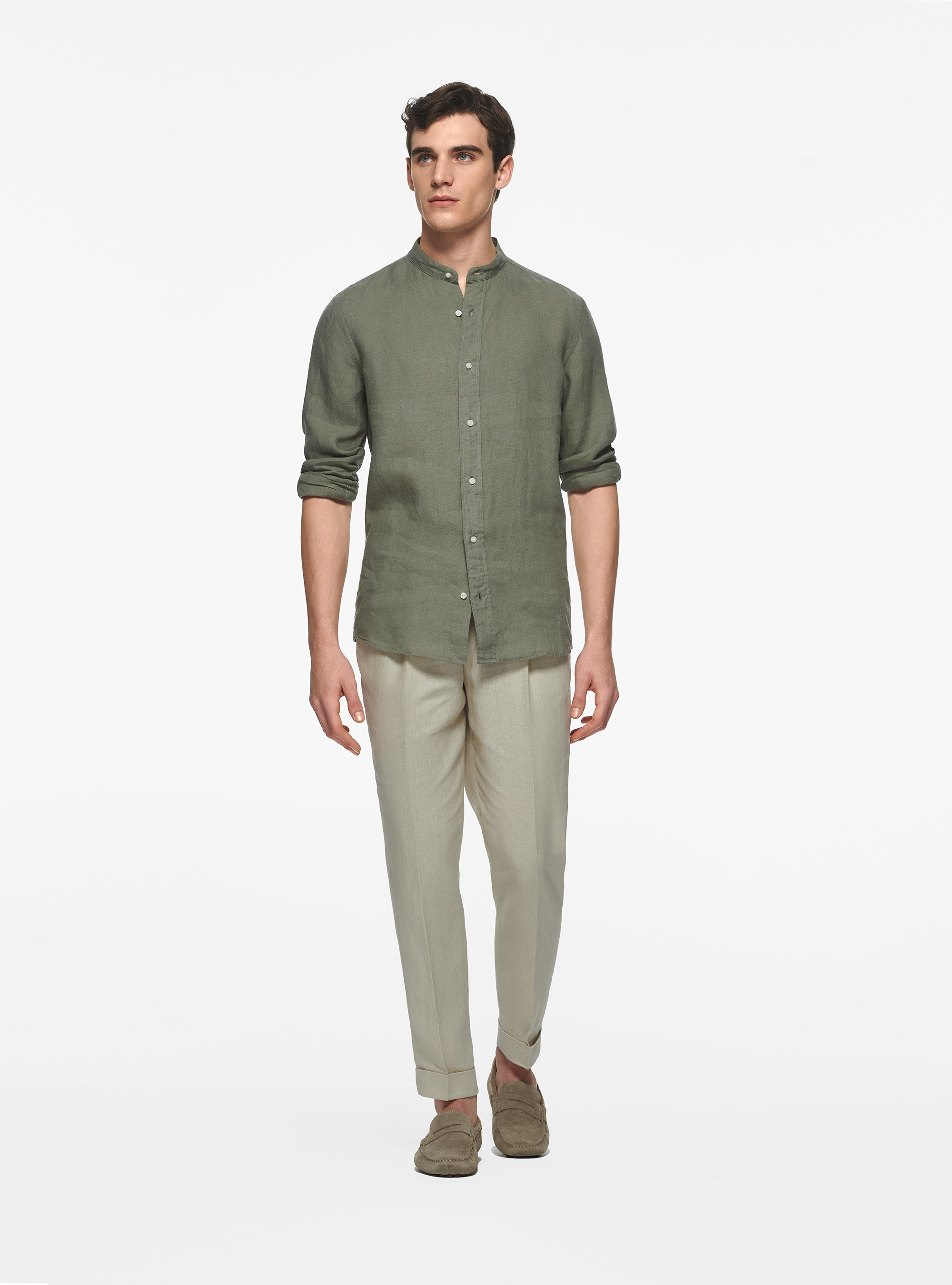 Camisa coreana en puro lino, SALVIA 0602C