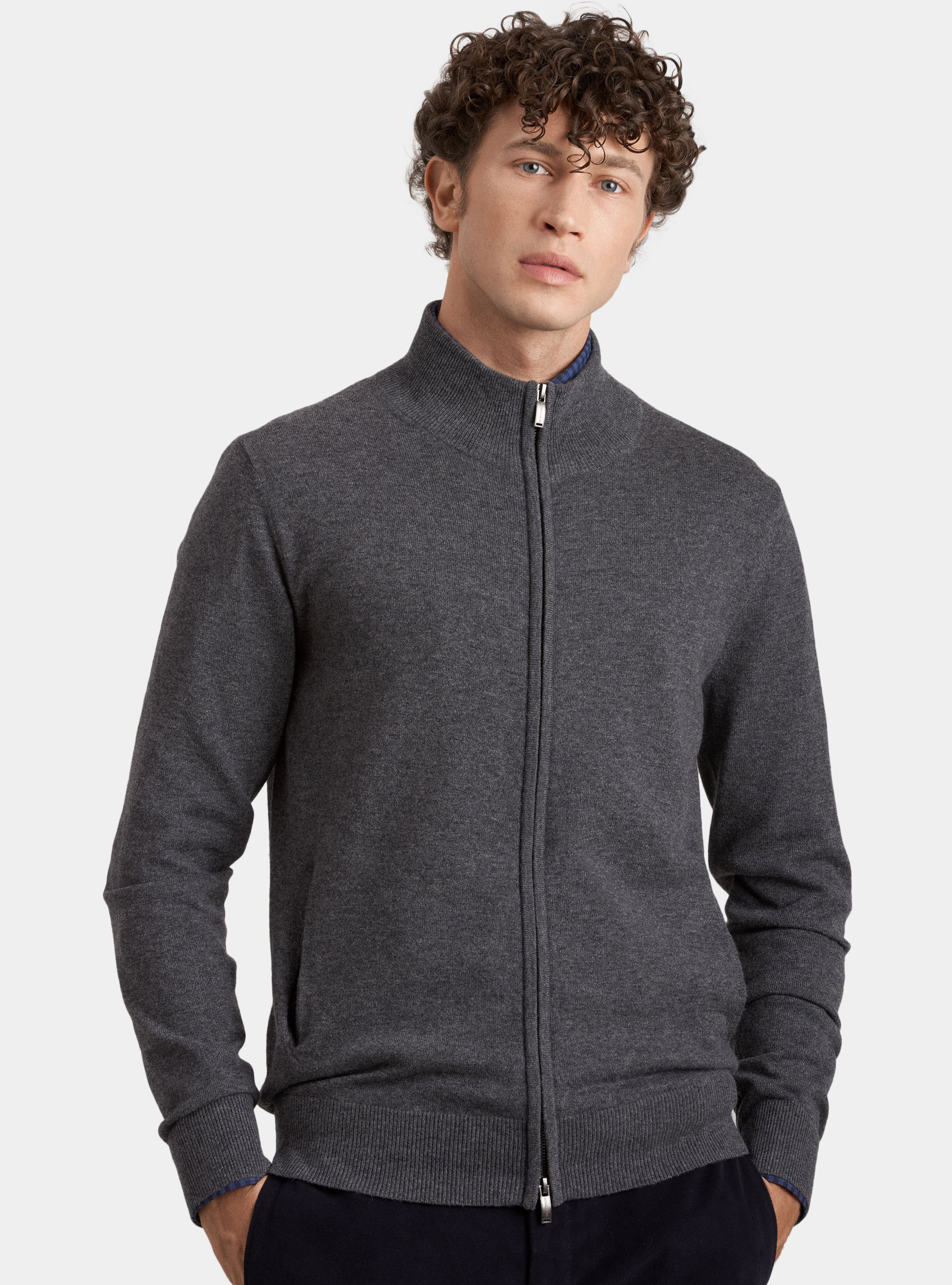 Cardigan full zip in lana cashmere, ASFALTO