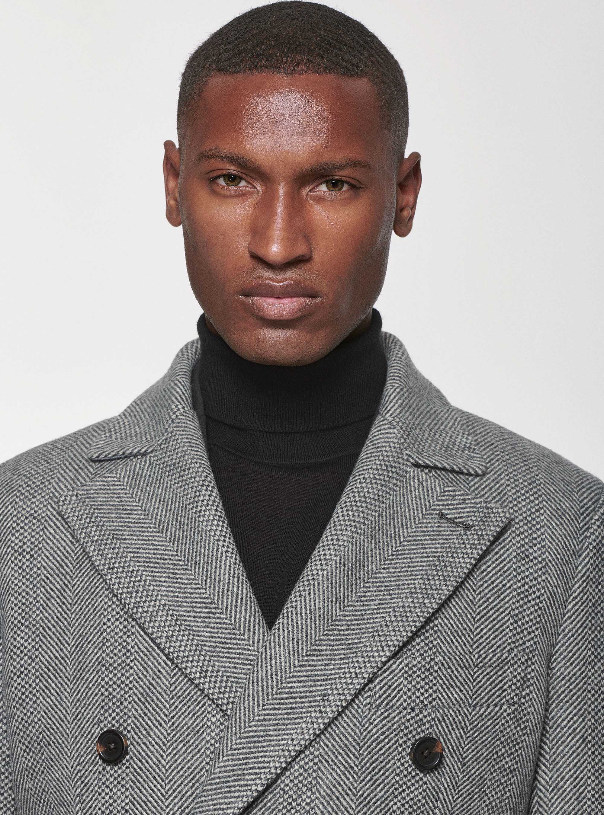Double-breasted coat in herringbone wool blend, LIGHT GREY MELANGE