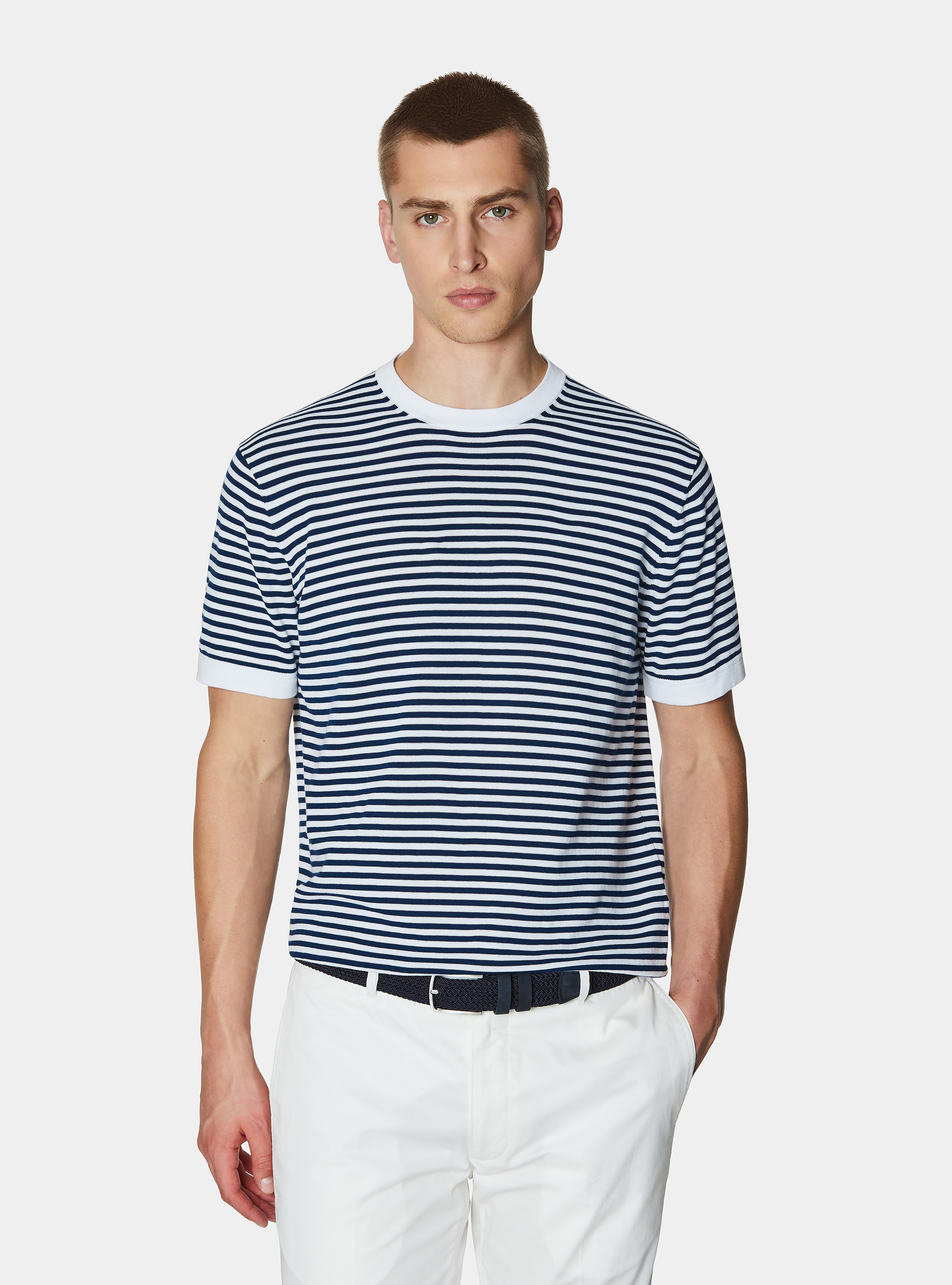 Maglia girocollo in cotone rigato, BIANCO