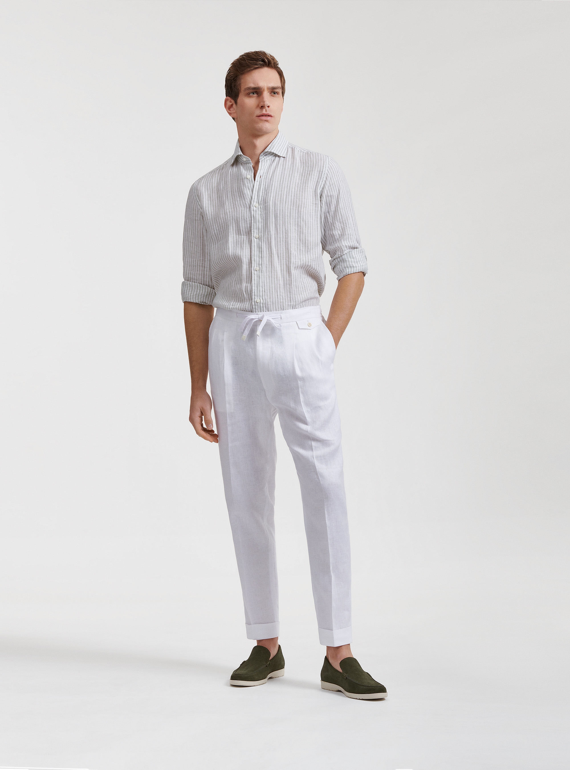 Linen pleated and drawstring trousers, WHITE
