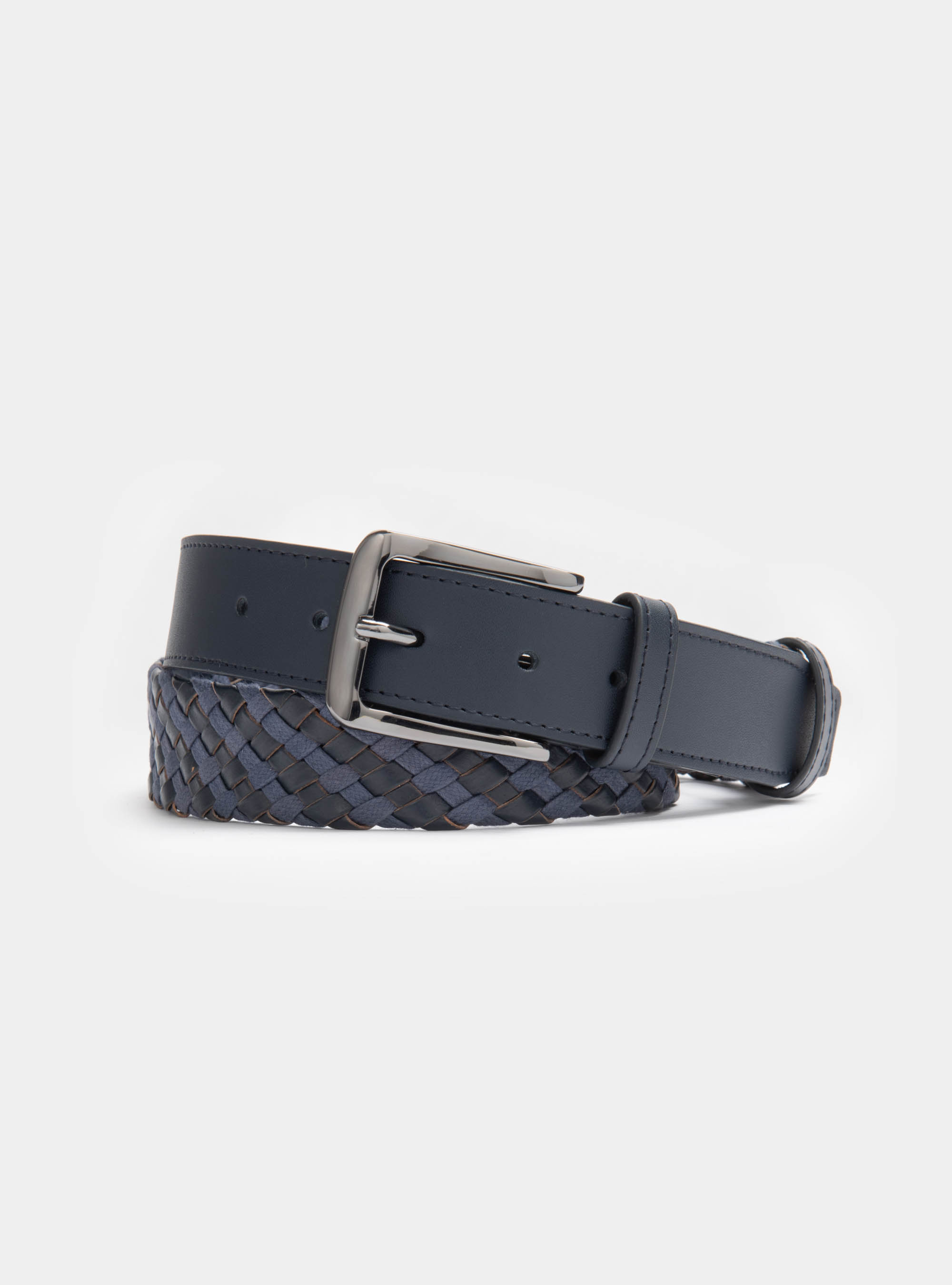 Leather and rope braided belt, NAVY BLUE