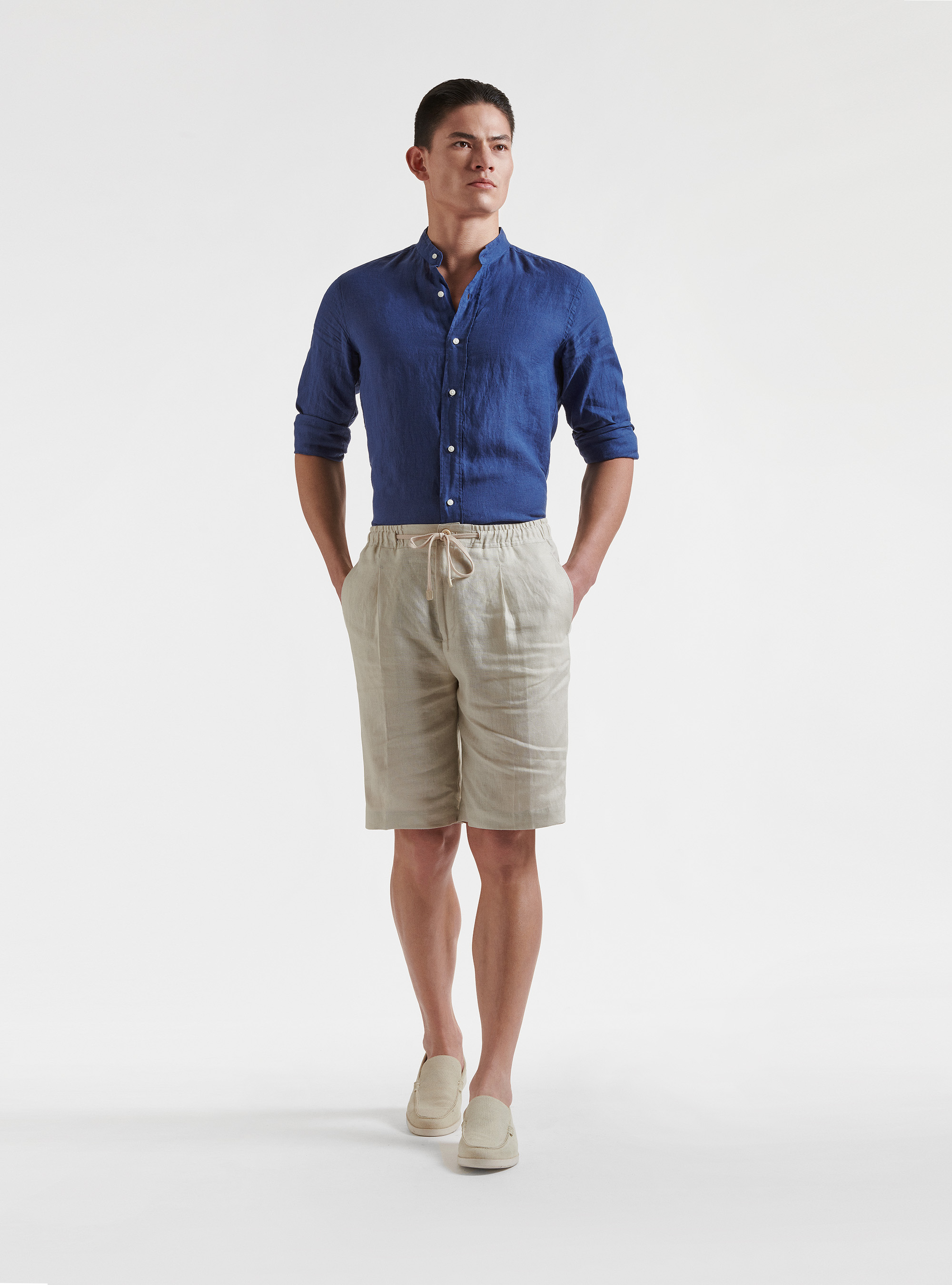 Pure linen Korean collar shirt, 0243C DENIM