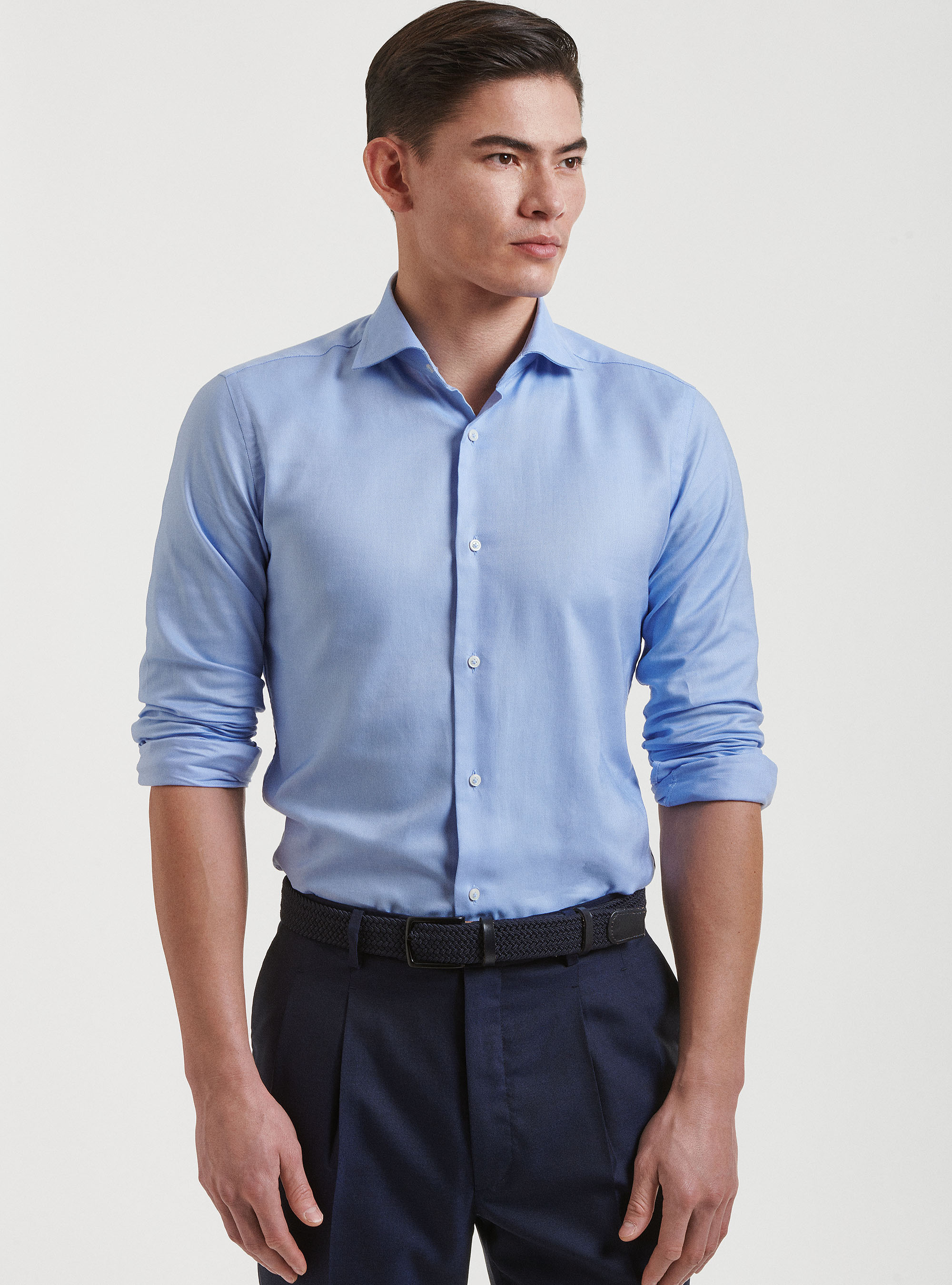 Camicia collo semi francese in oxford di cotone, AZZURRO