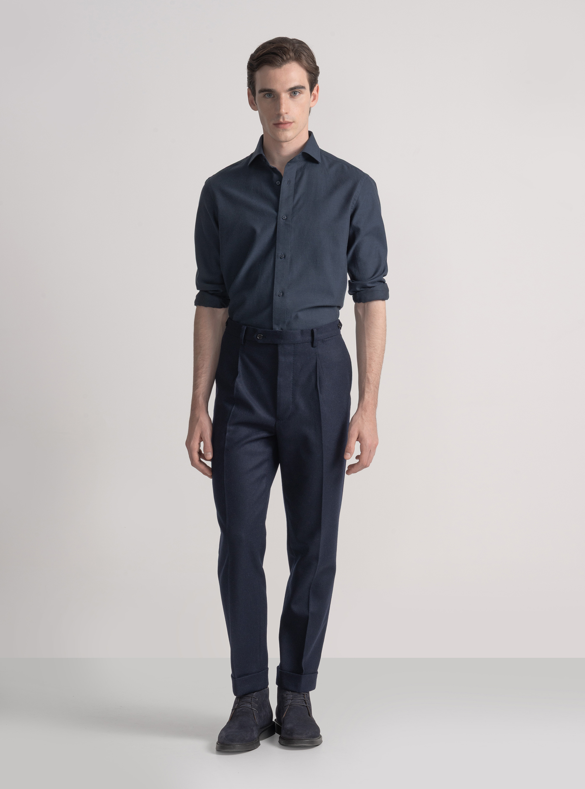 Cotton and wool flannel shirt, NAVY BLUE