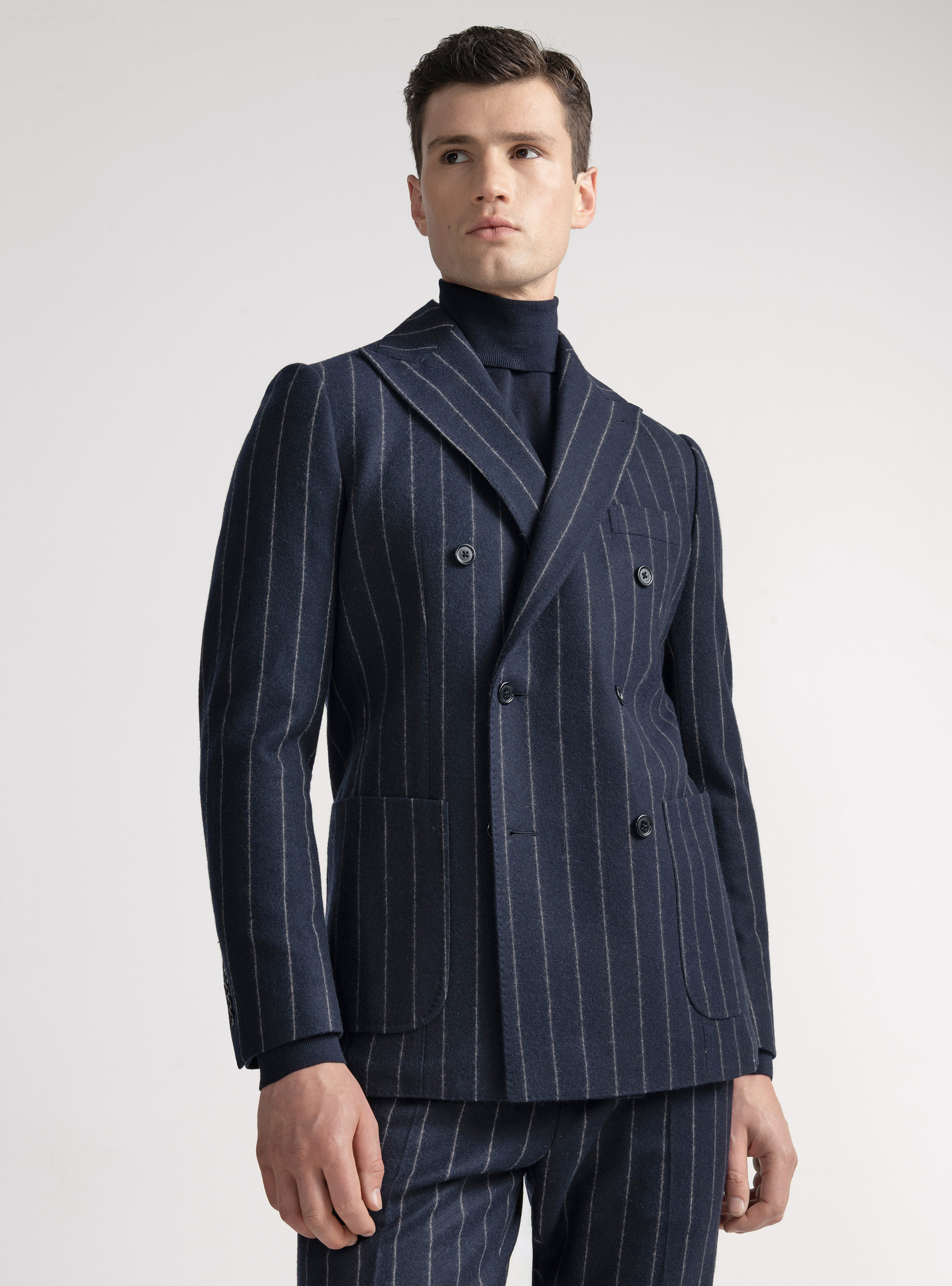 Veste de costume à double boutonnage en jersey à rayures, BLEU MARINE