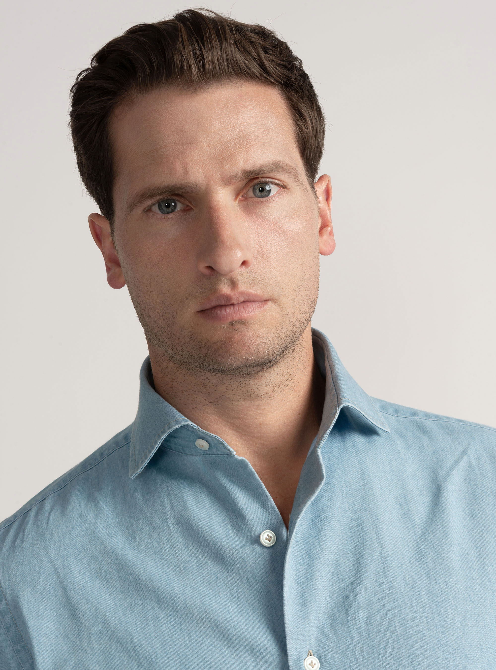 Camisa de chambray de algodón, CELESTE