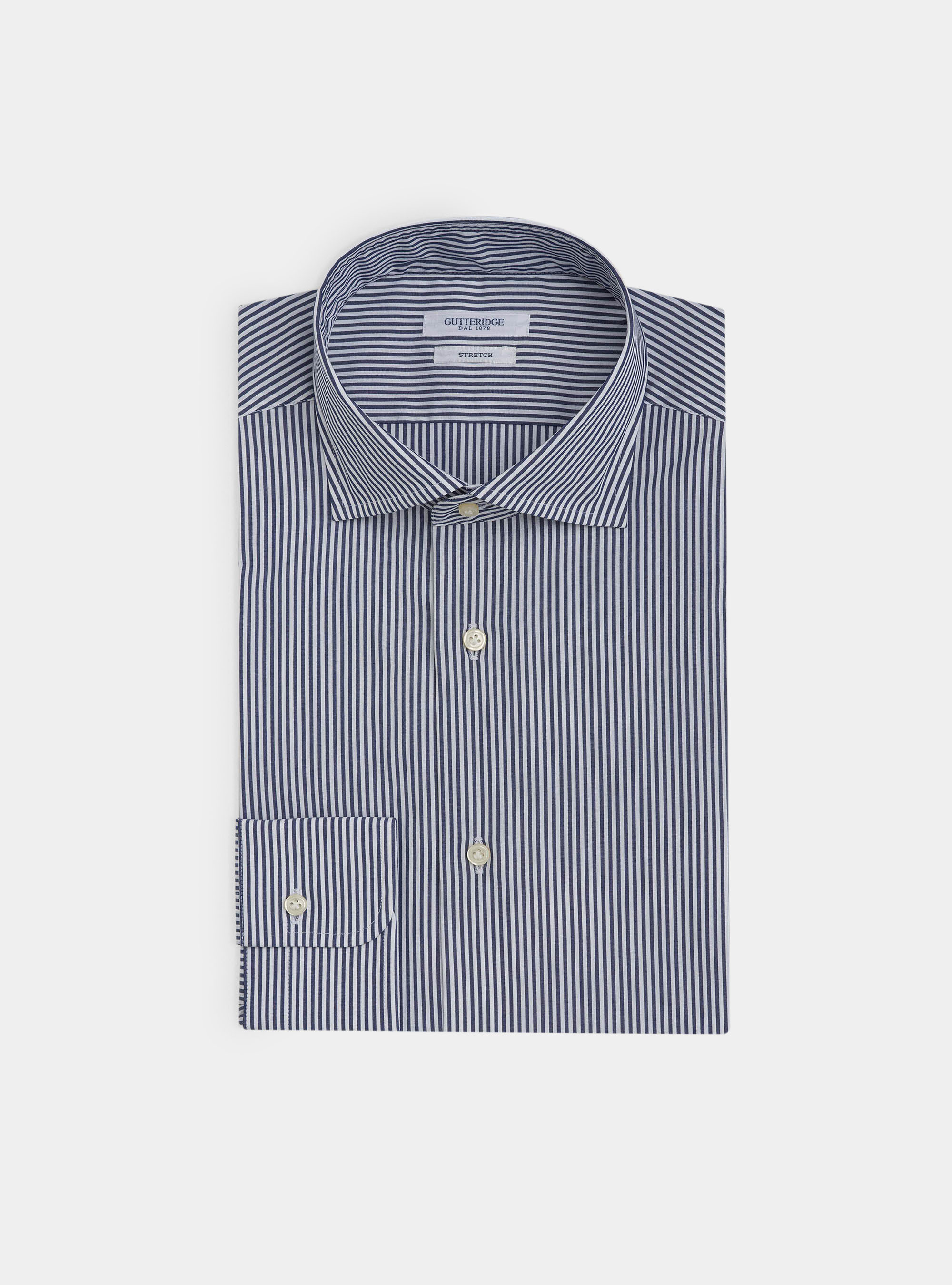 Camicia collo francese semiaperto in popeline di cotone stretch rigato, BLU NAVY