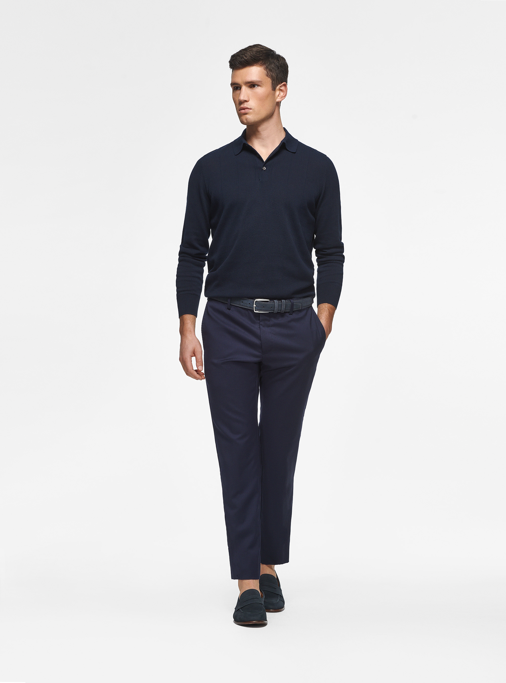 Long-sleeved knit polo shirt, NAVY BLUE