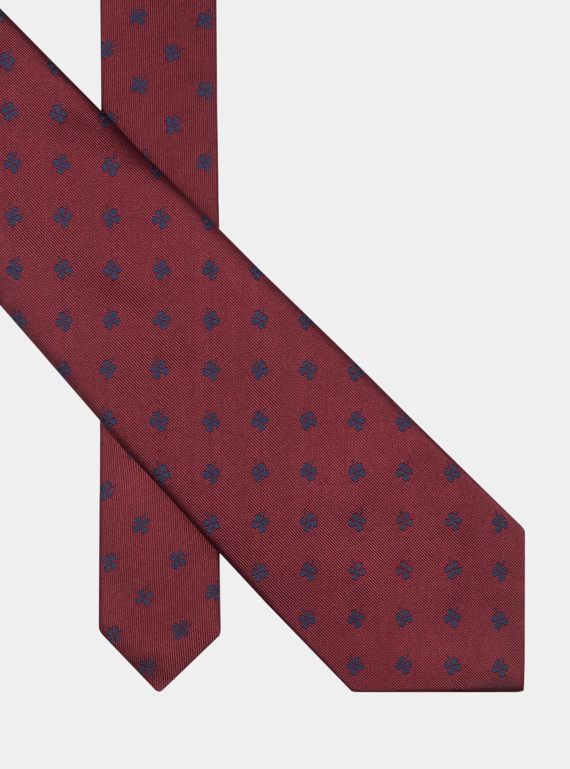 Silk twill tie with four-leaf clovers, BORDEAUX