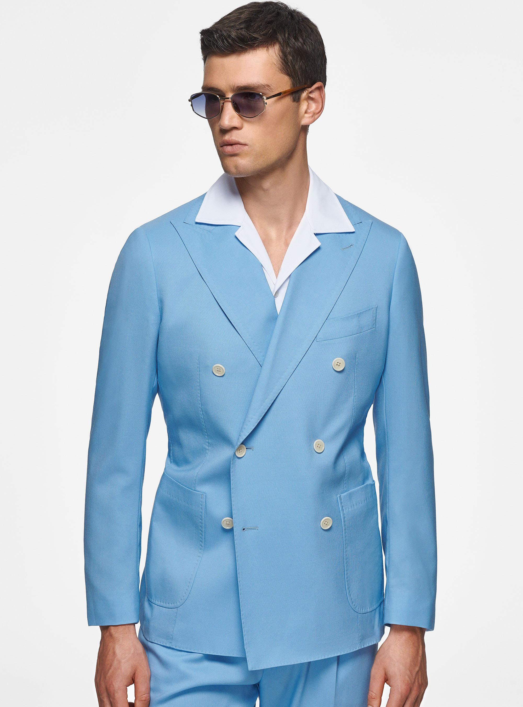 Giacca doppiopetto in pura lana, AZZURRO