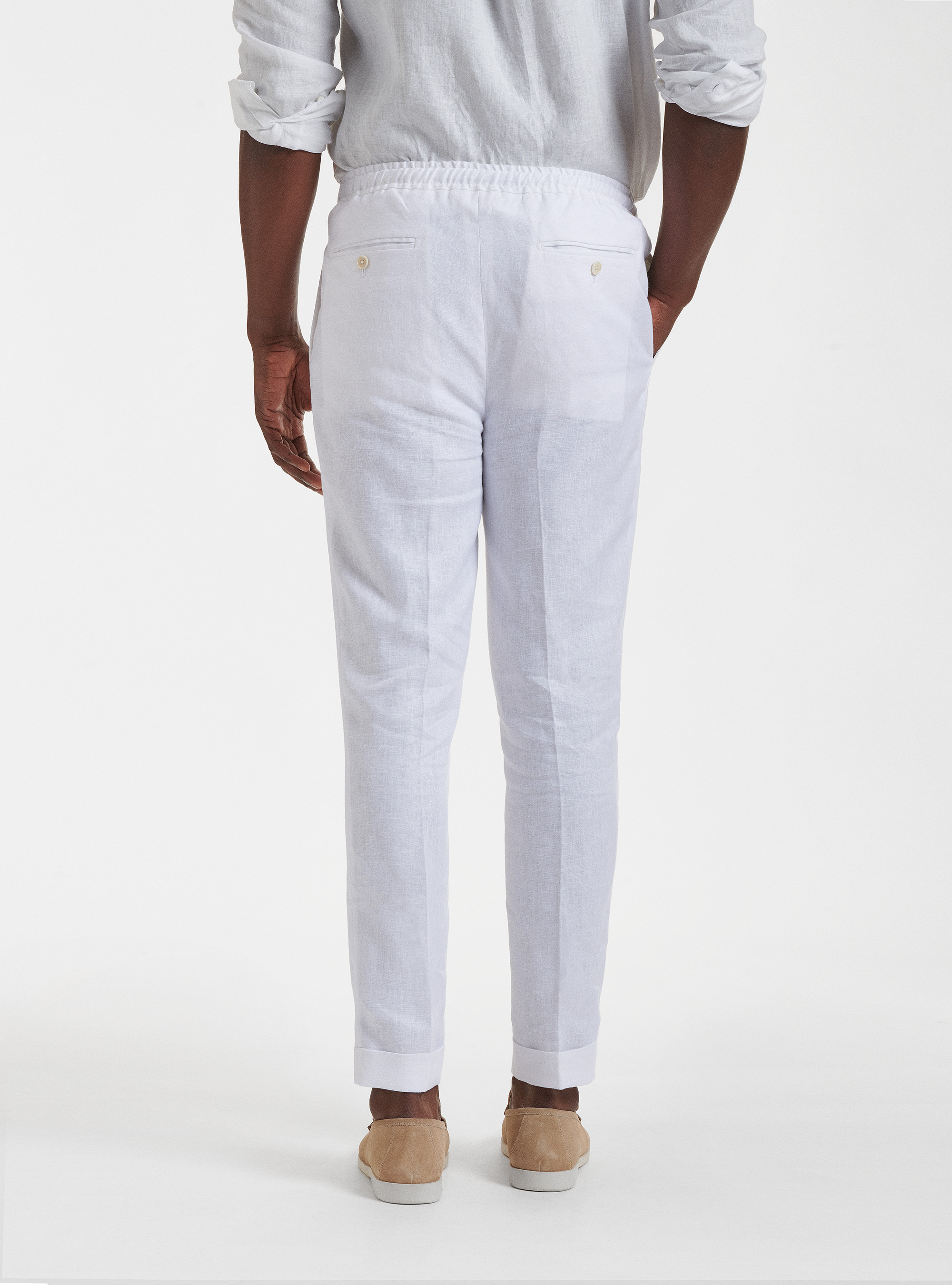 Pure linen pleat and drawstring trousers, WHITE