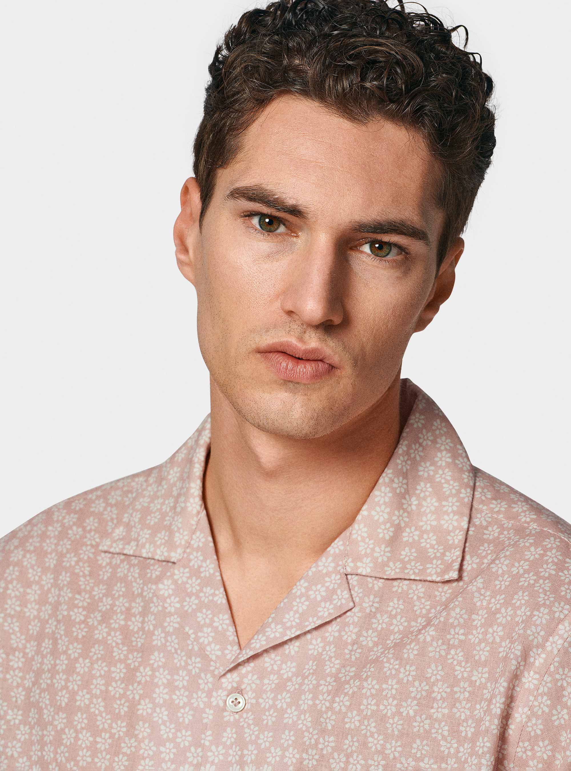 Bowling shirt in linen and printed cotton, ROSA CHIARO 0466C