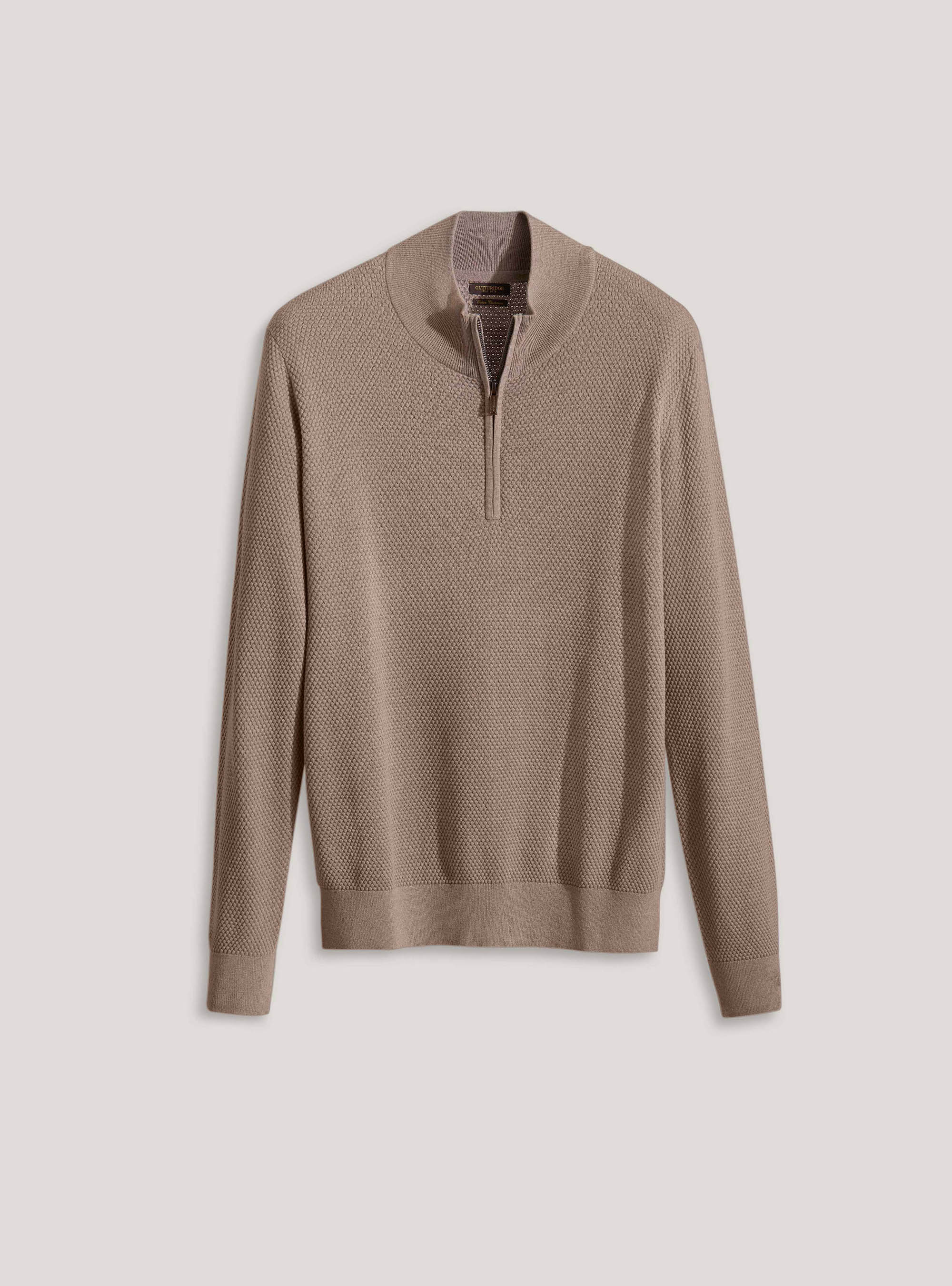 Maglia mezza zip in cotone e cashmere, ECRU