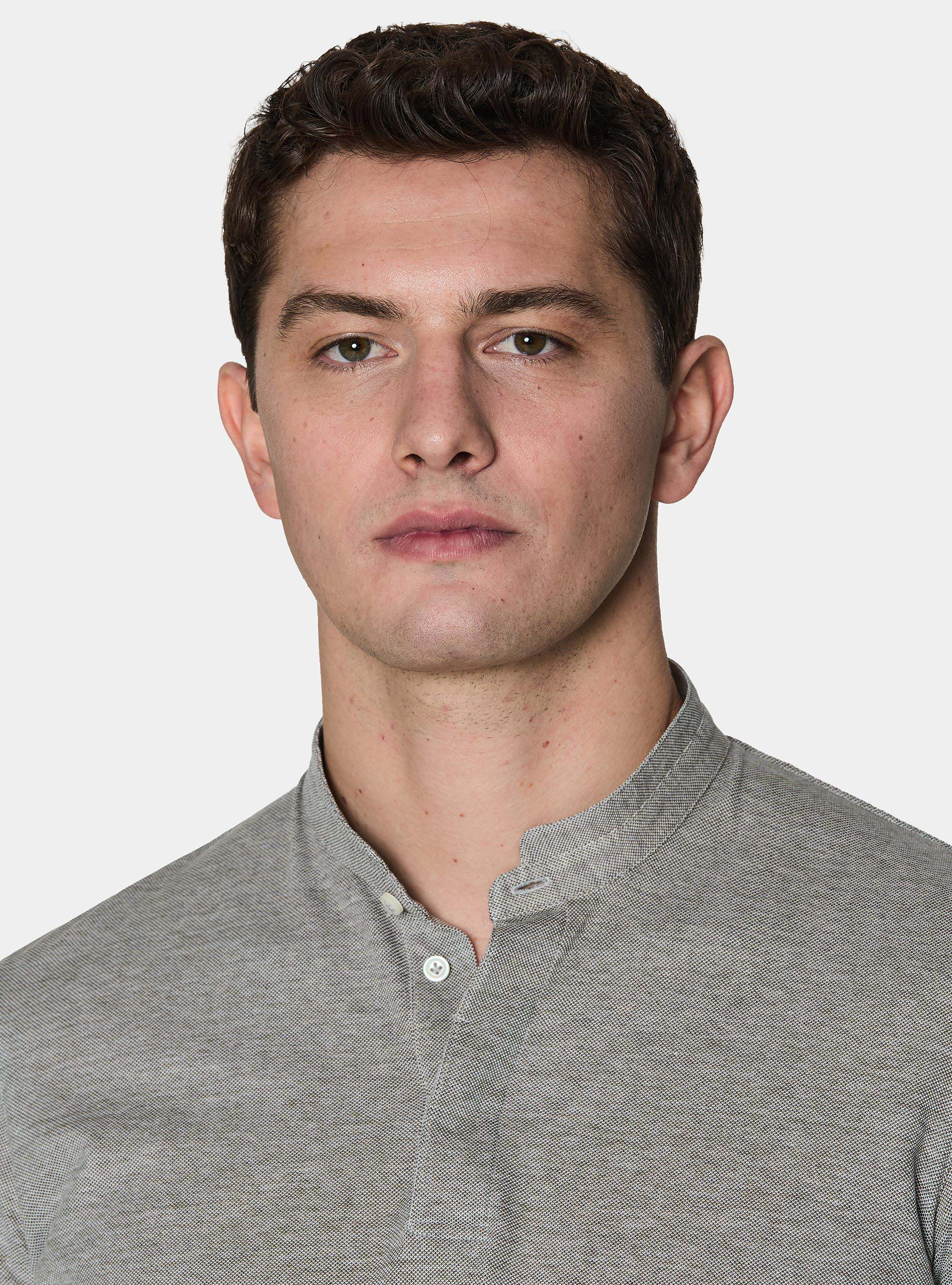 Polo shirt with Korean collar in stretch cotton blend, VERDE SALVIA 0604C