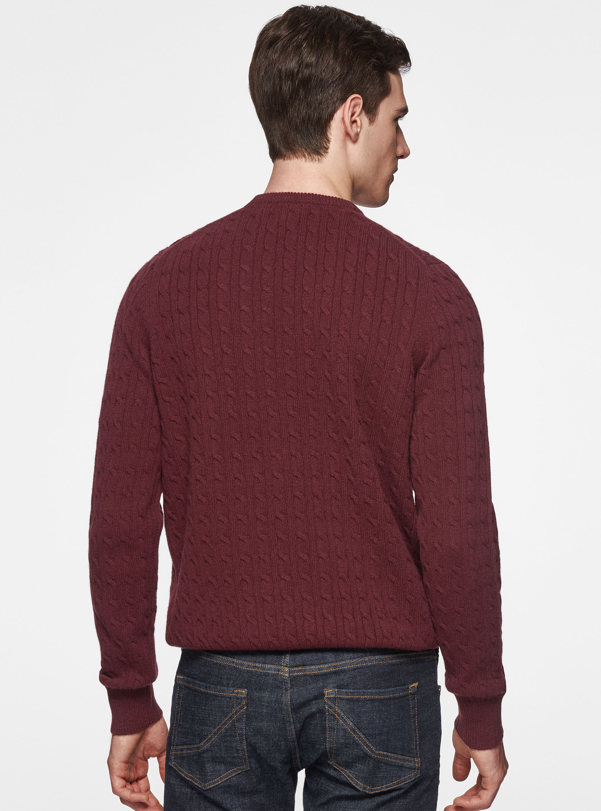 Maglia girocollo con treccia in lana e cashmere, BORDEAUX