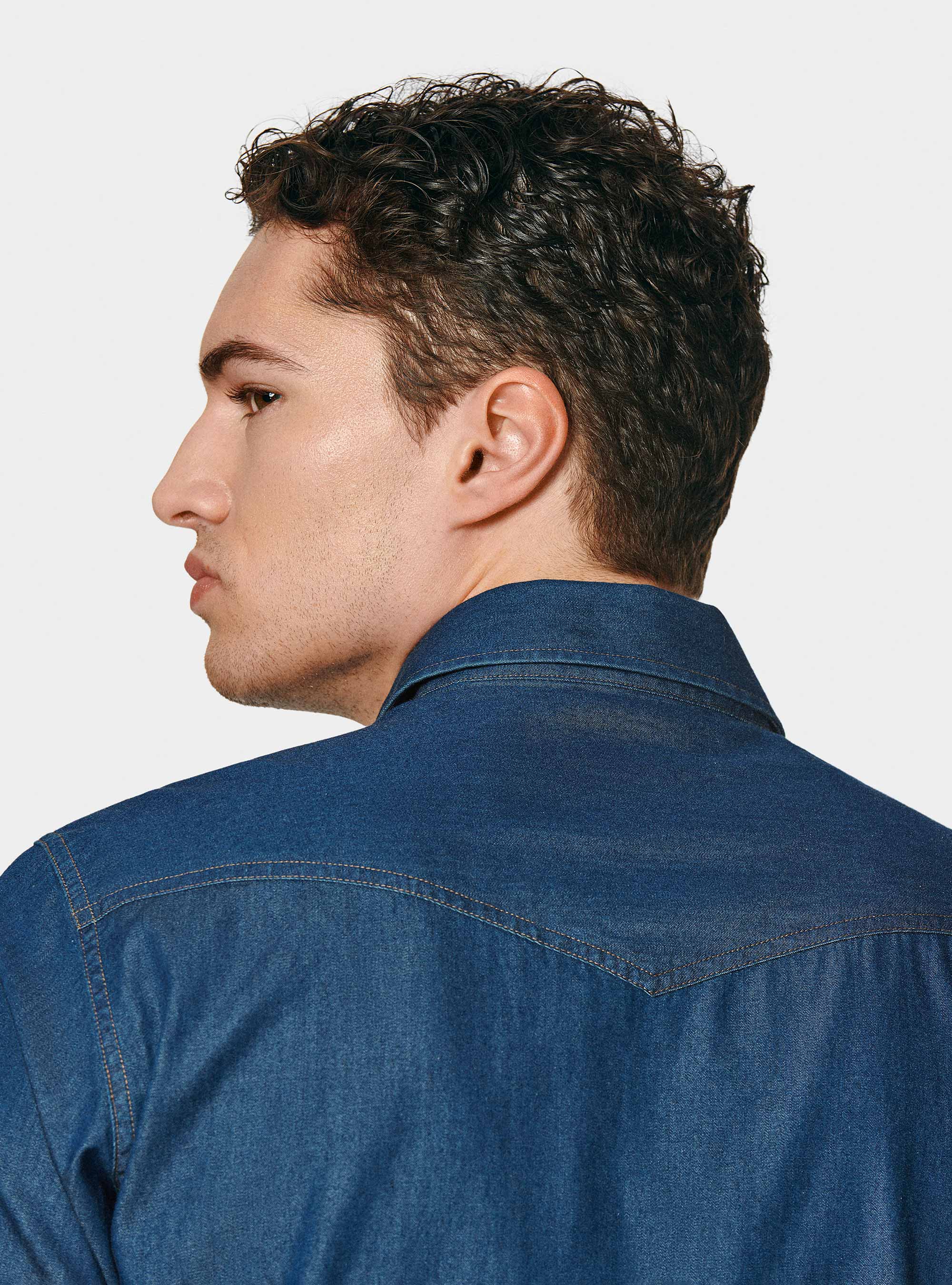 Camicia western in cotone chambray, BLU NAVY