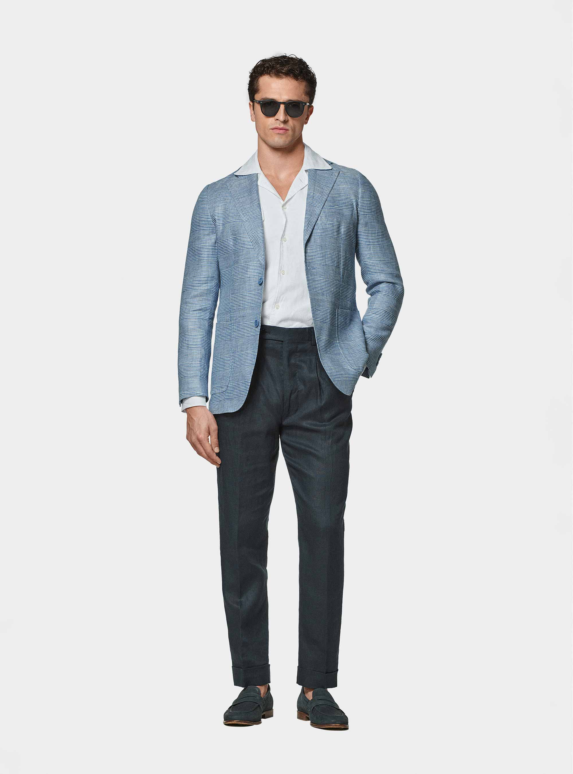 Prince of Wales blazer in pure linen, LIGHT BLUE