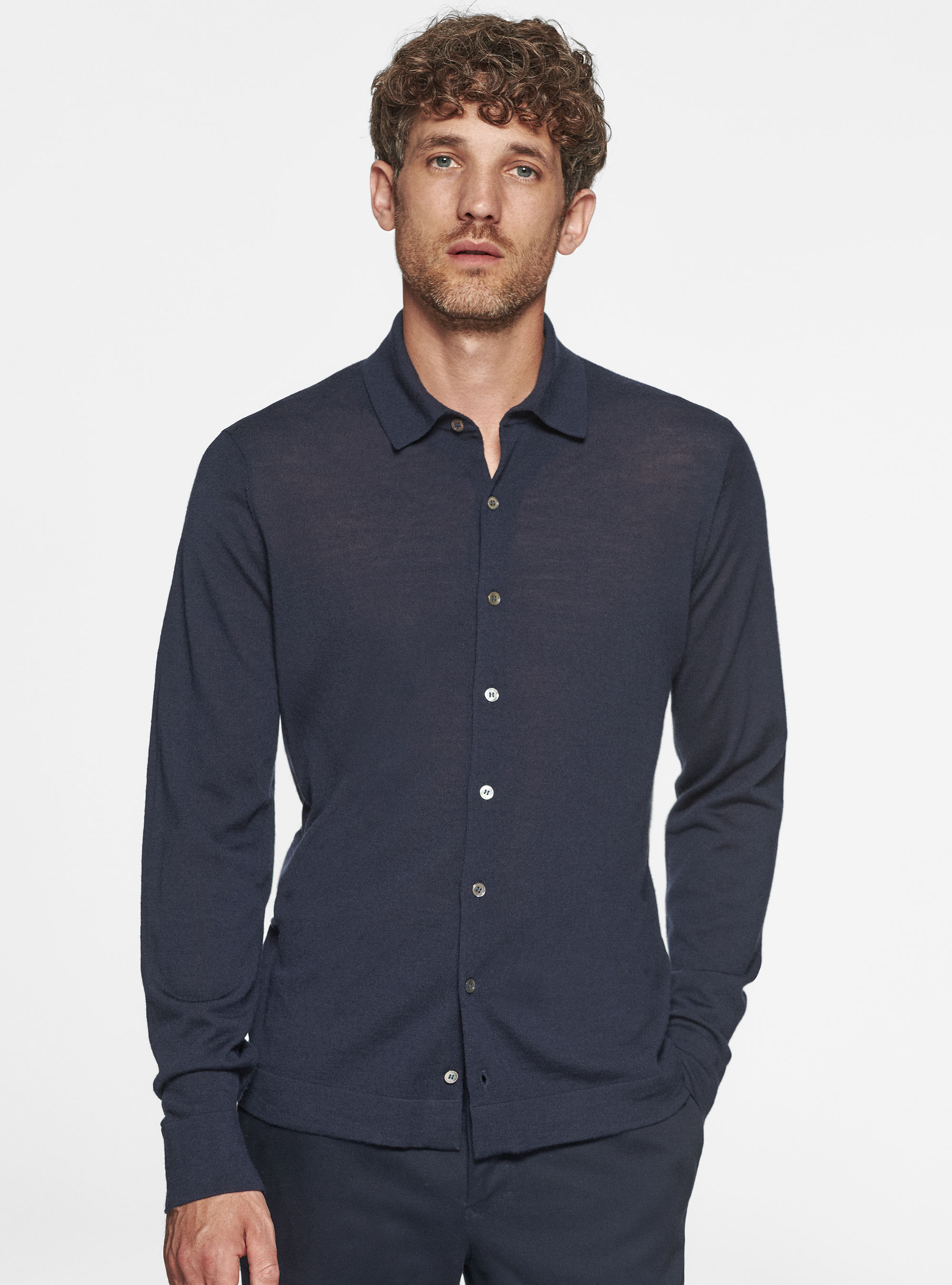 Camicia in maglia in pura lana merino extrafine, BLU NAVY