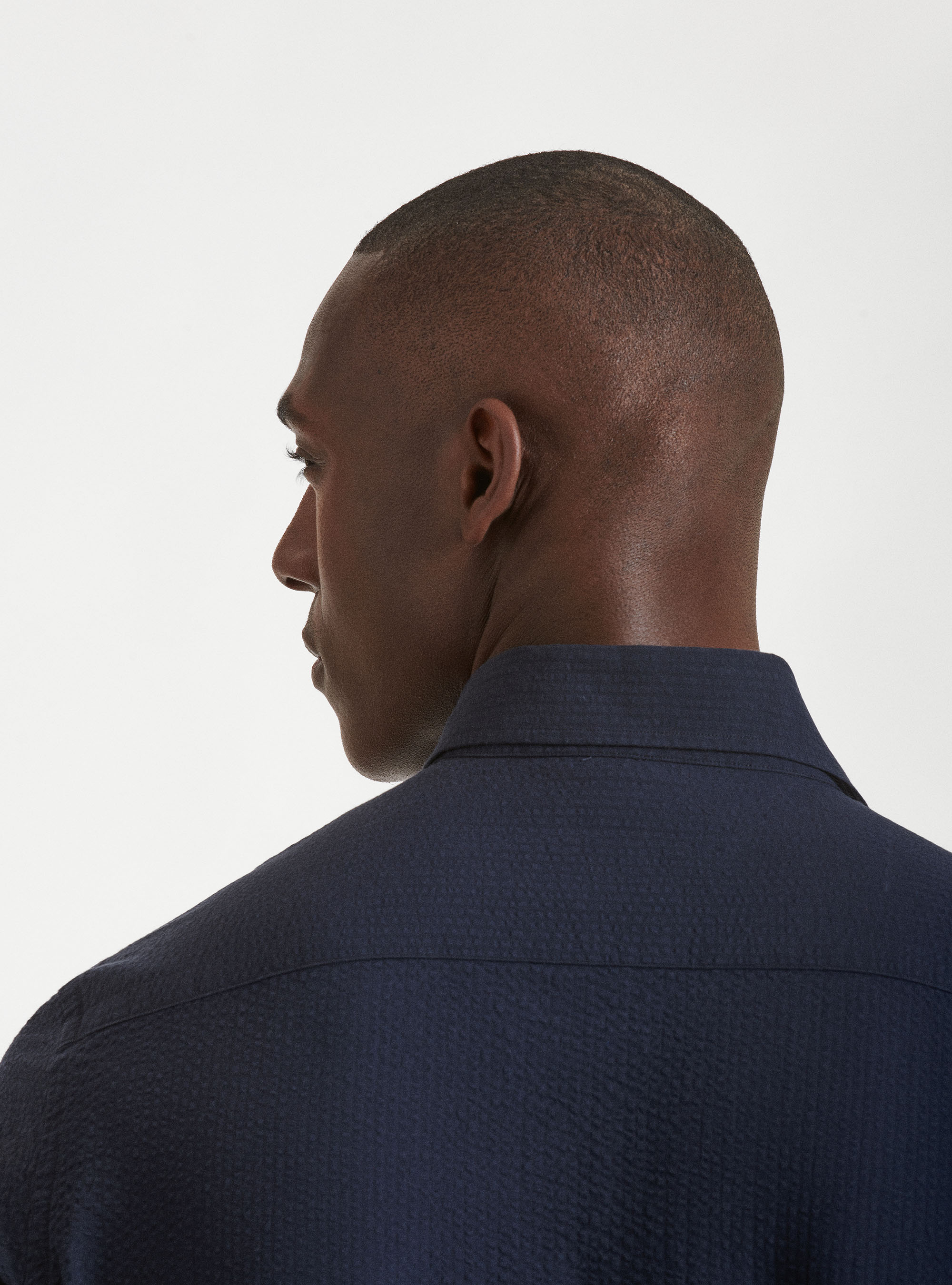 Camicia collo semi francese in cotone seersucker, BLU NAVY